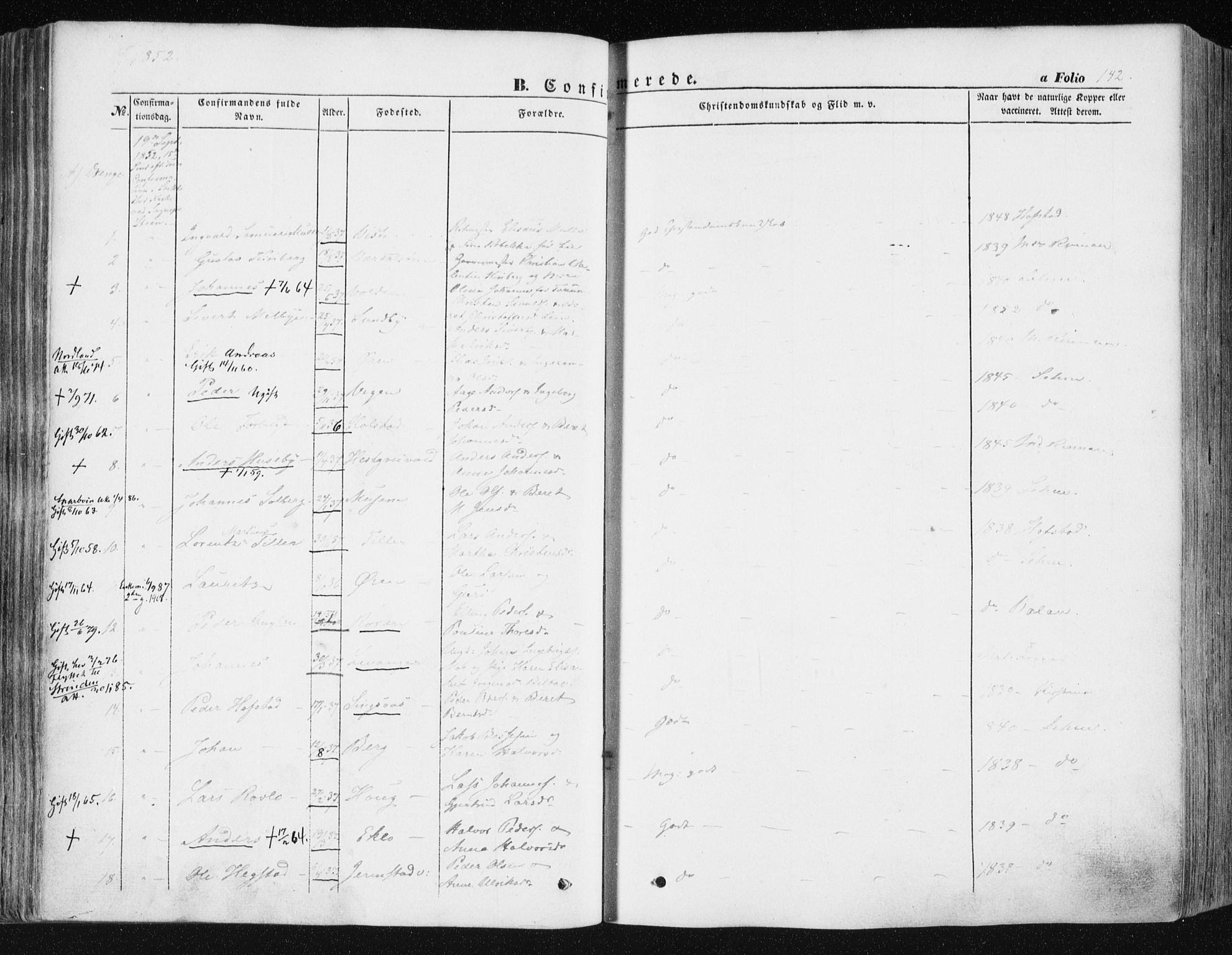 Ministerialprotokoller, klokkerbøker og fødselsregistre - Nord-Trøndelag, AV/SAT-A-1458/723/L0240: Parish register (official) no. 723A09, 1852-1860, p. 142