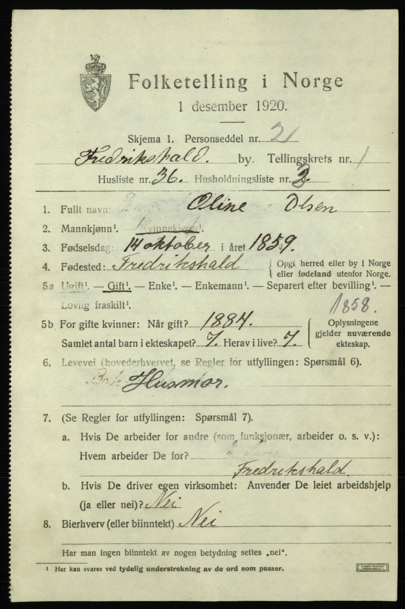 SAO, 1920 census for Fredrikshald, 1920, p. 8785
