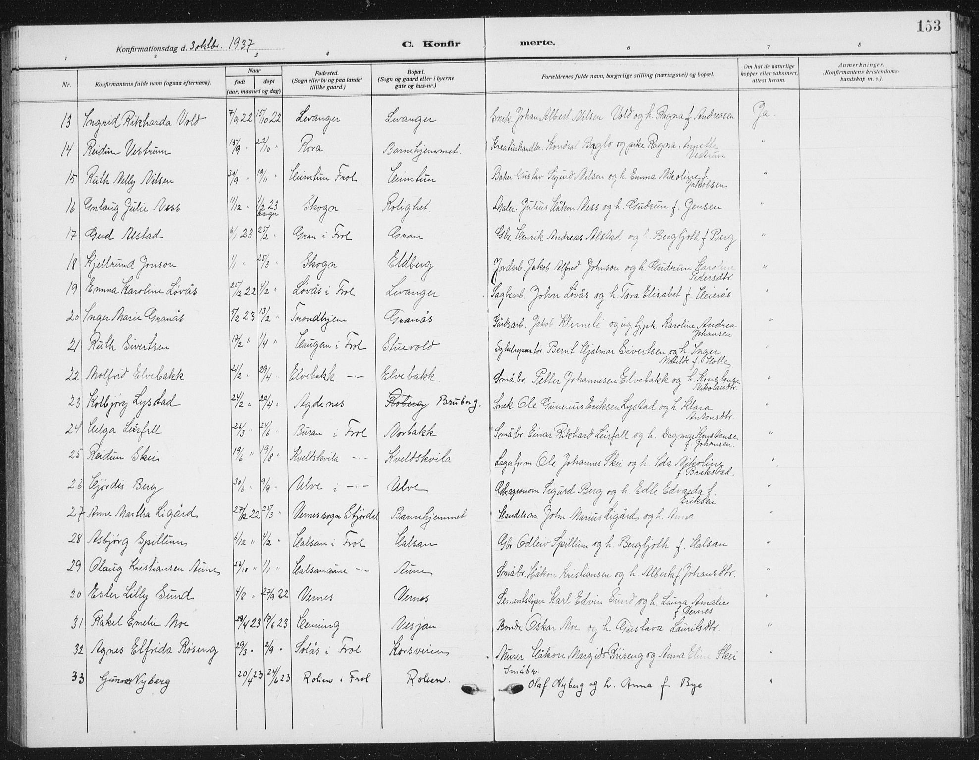 Ministerialprotokoller, klokkerbøker og fødselsregistre - Nord-Trøndelag, SAT/A-1458/721/L0209: Parish register (copy) no. 721C02, 1918-1940, p. 153