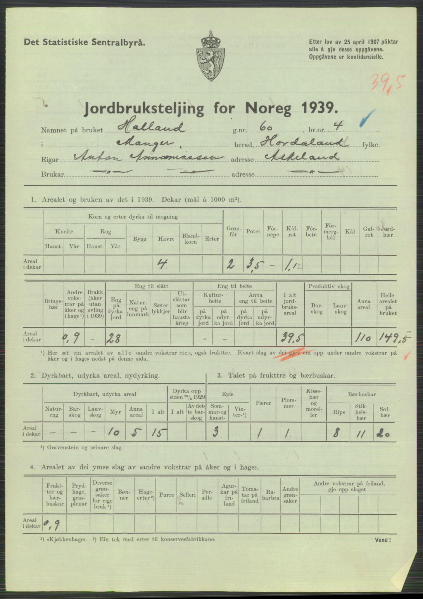 Statistisk sentralbyrå, Næringsøkonomiske emner, Jordbruk, skogbruk, jakt, fiske og fangst, AV/RA-S-2234/G/Gb/L0211: Hordaland: Herdla, Hjelme og Manger, 1939, p. 1655