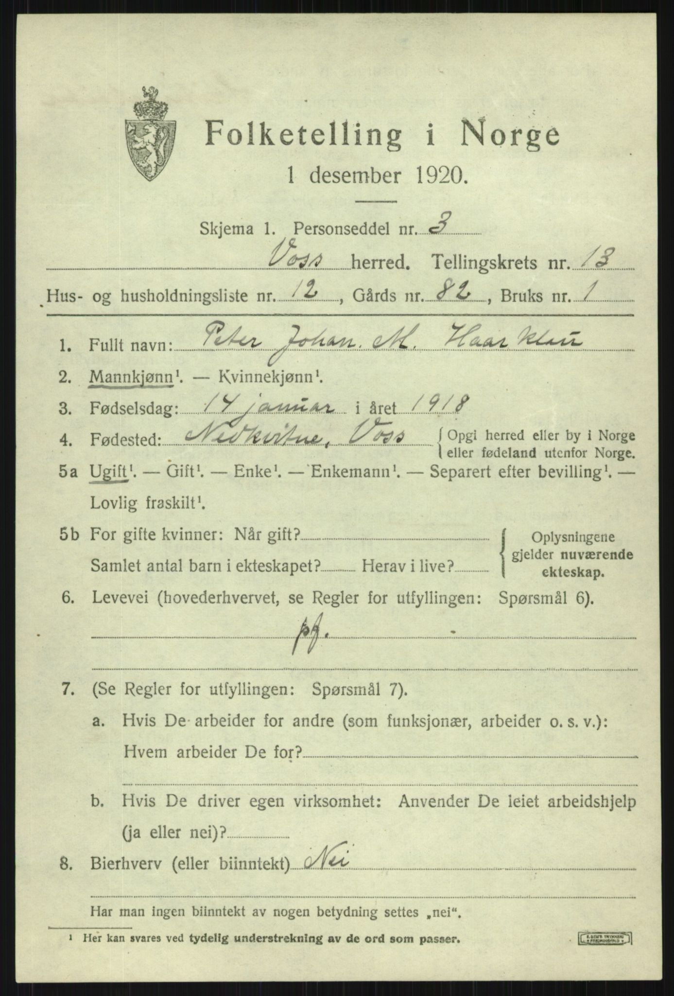 SAB, 1920 census for Voss, 1920, p. 11301