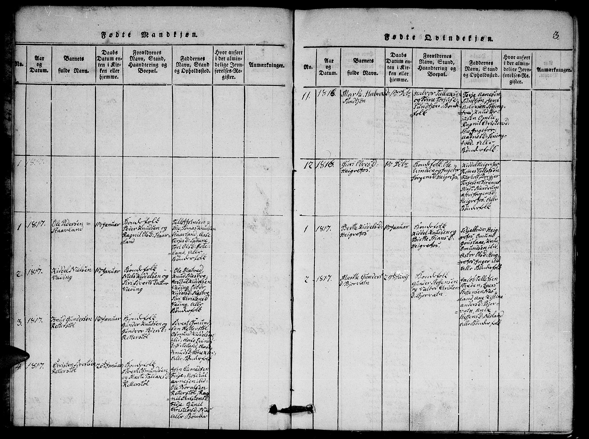 Herefoss sokneprestkontor, SAK/1111-0019/F/Fa/Faa/L0001: Parish register (official) no. A 1, 1816-1860, p. 3