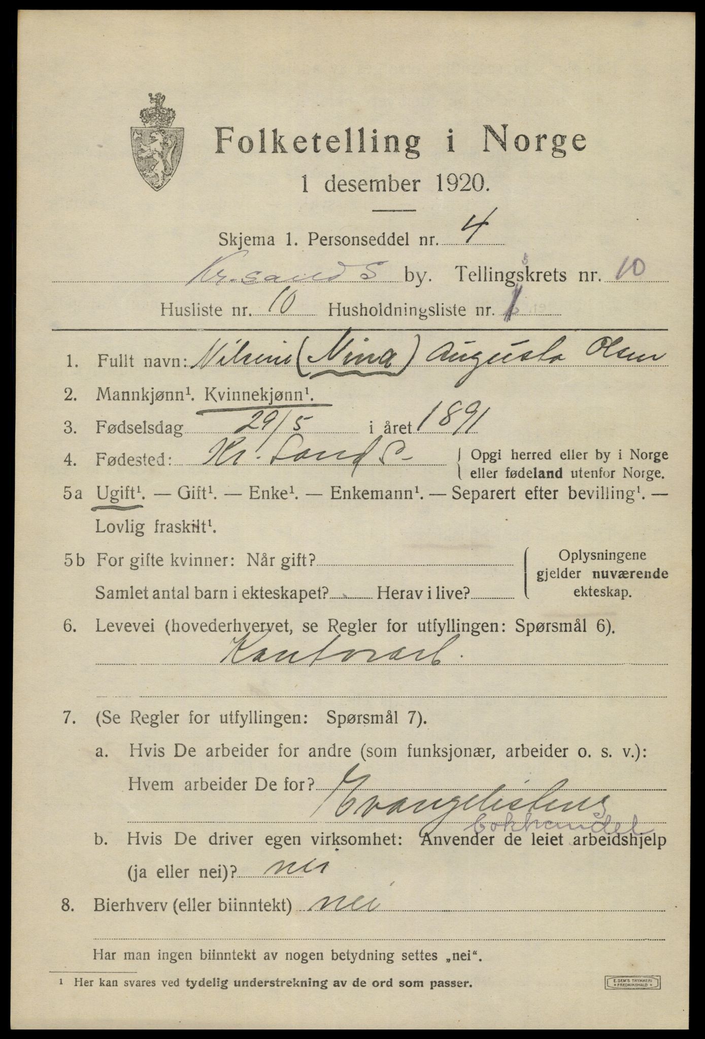 SAK, 1920 census for Kristiansand, 1920, p. 23825