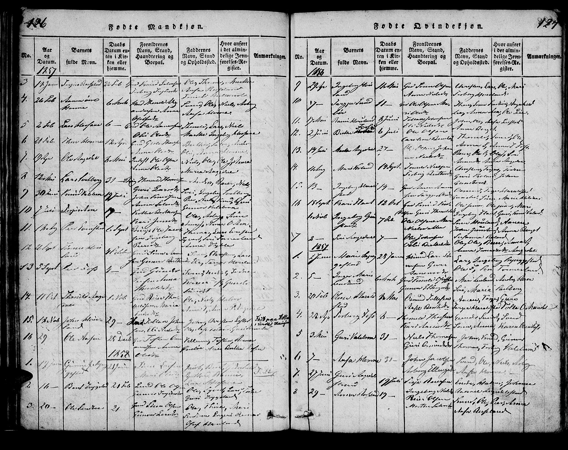 Bjelland sokneprestkontor, SAK/1111-0005/F/Fa/Faa/L0002: Parish register (official) no. A 2, 1816-1866, p. 126-127