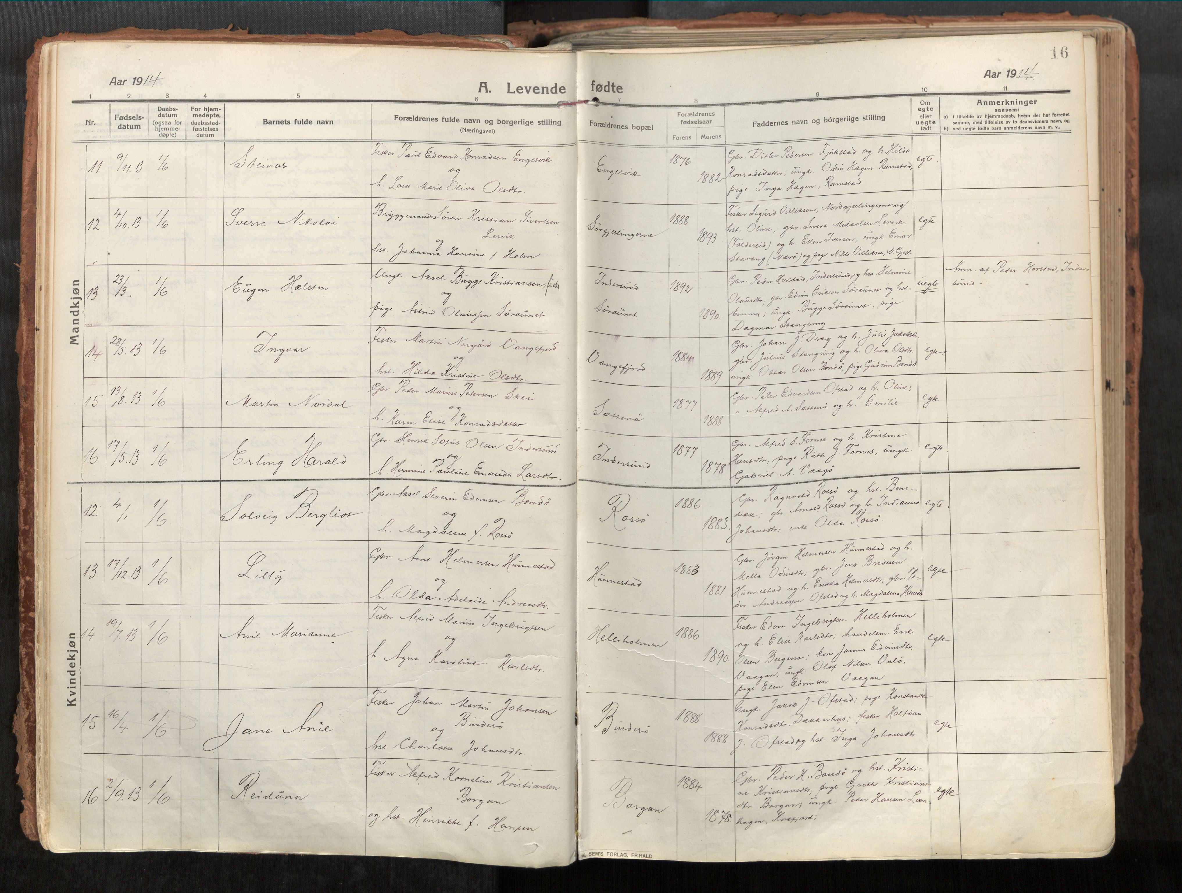 Vikna sokneprestkontor, AV/SAT-A-1173/1/I/I1/I1a/L0001: Parish register (official) no. 1, 1913-1934, p. 16