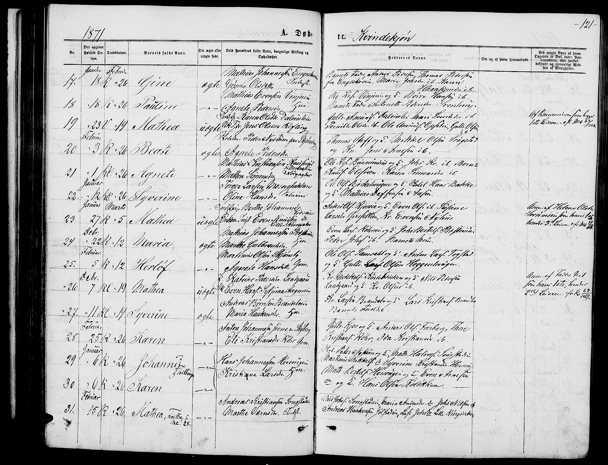 Ringsaker prestekontor, AV/SAH-PREST-014/L/La/L0008: Parish register (copy) no. 8, 1870-1878, p. 121