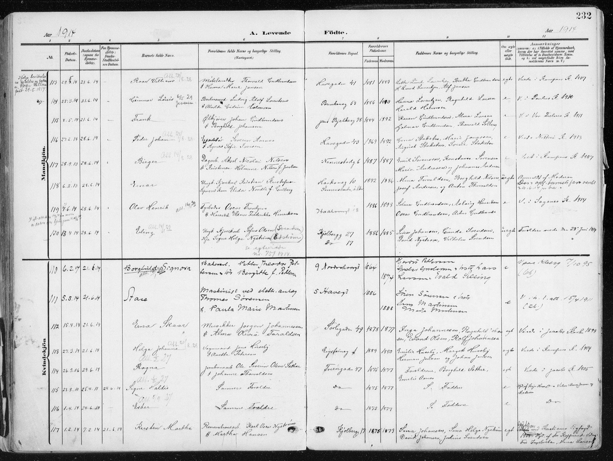 Kampen prestekontor Kirkebøker, SAO/A-10853/F/Fa/L0010: Parish register (official) no. I 10, 1905-1917, p. 232
