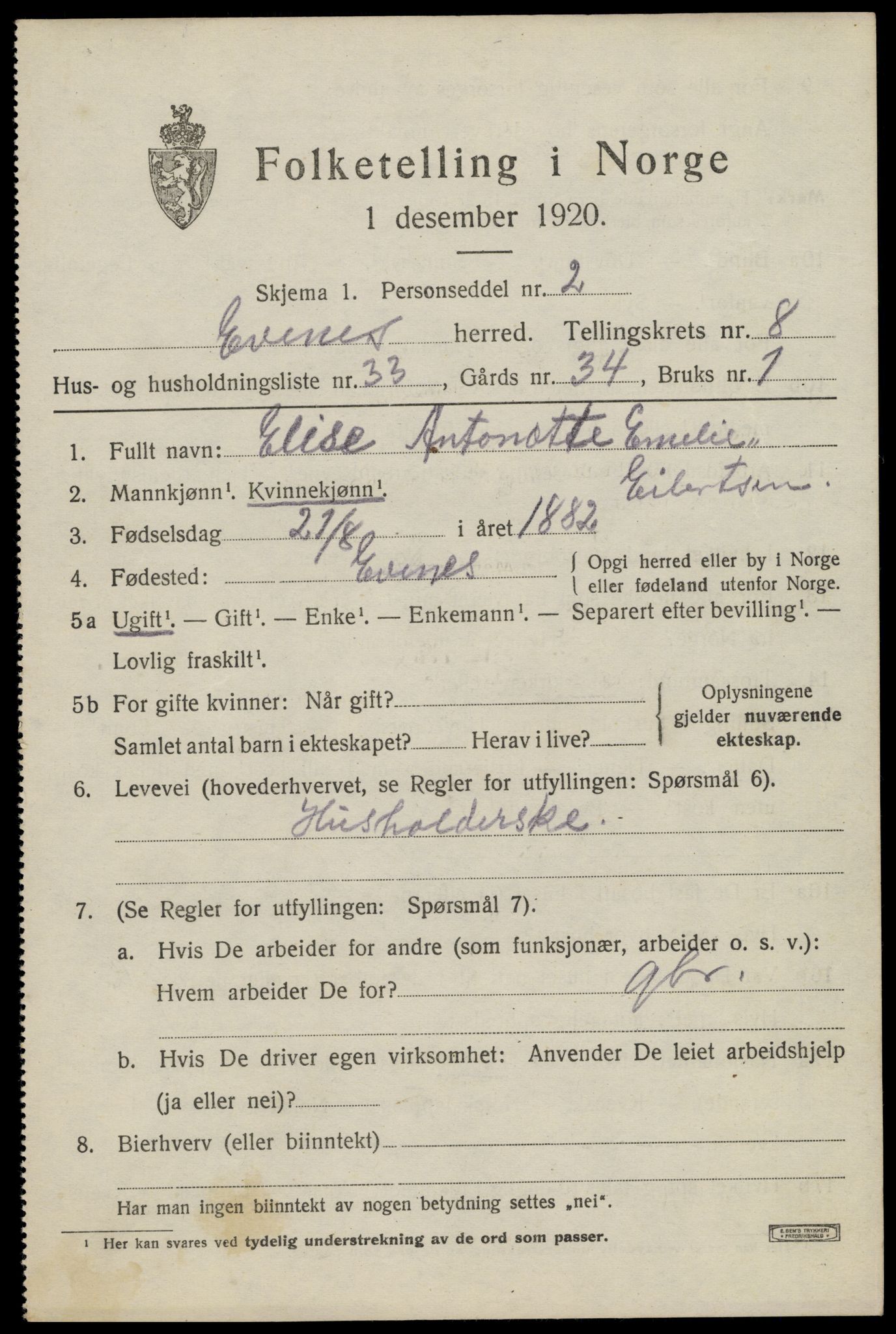 SAT, 1920 census for Evenes, 1920, p. 6872