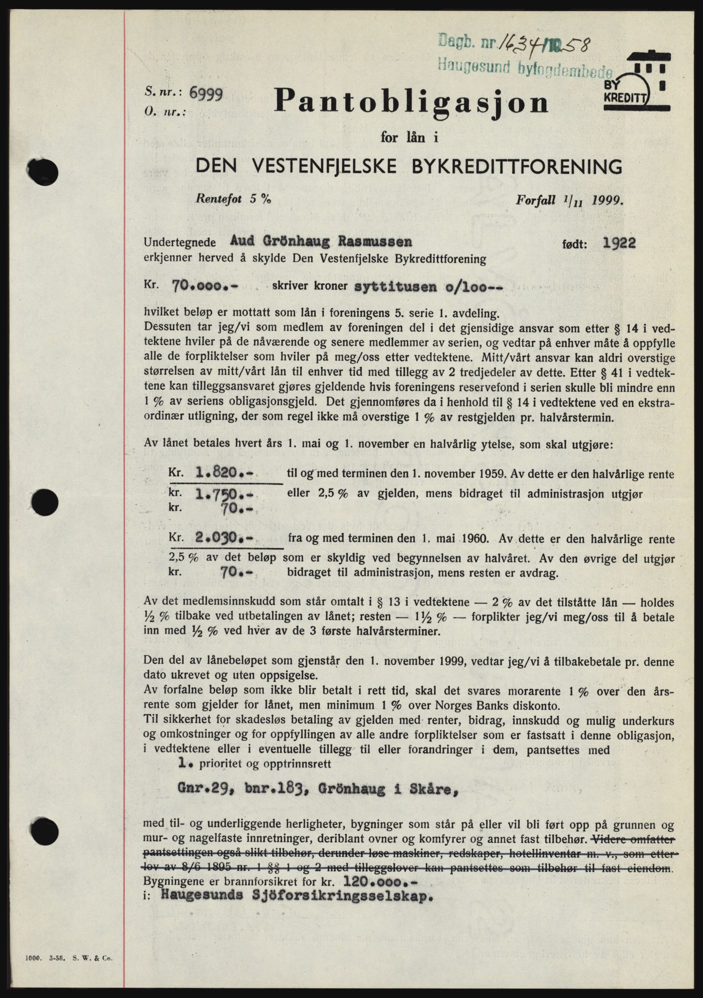 Haugesund tingrett, SAST/A-101415/01/II/IIC/L0044: Mortgage book no. B 44, 1958-1959, Diary no: : 1634/1958