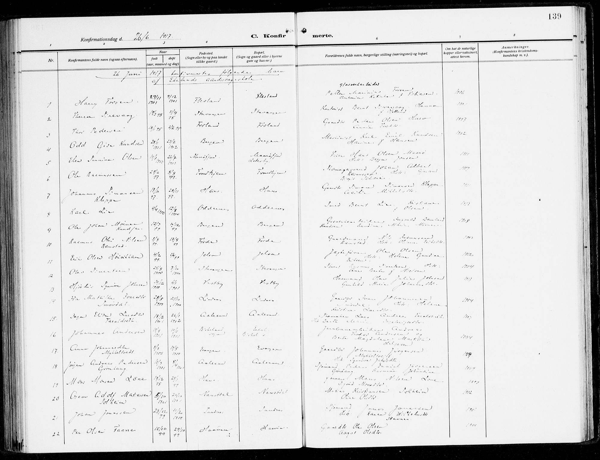 Fana Sokneprestembete, SAB/A-75101/H/Haa/Haai/L0004: Parish register (official) no. I 4, 1912-1933, p. 139