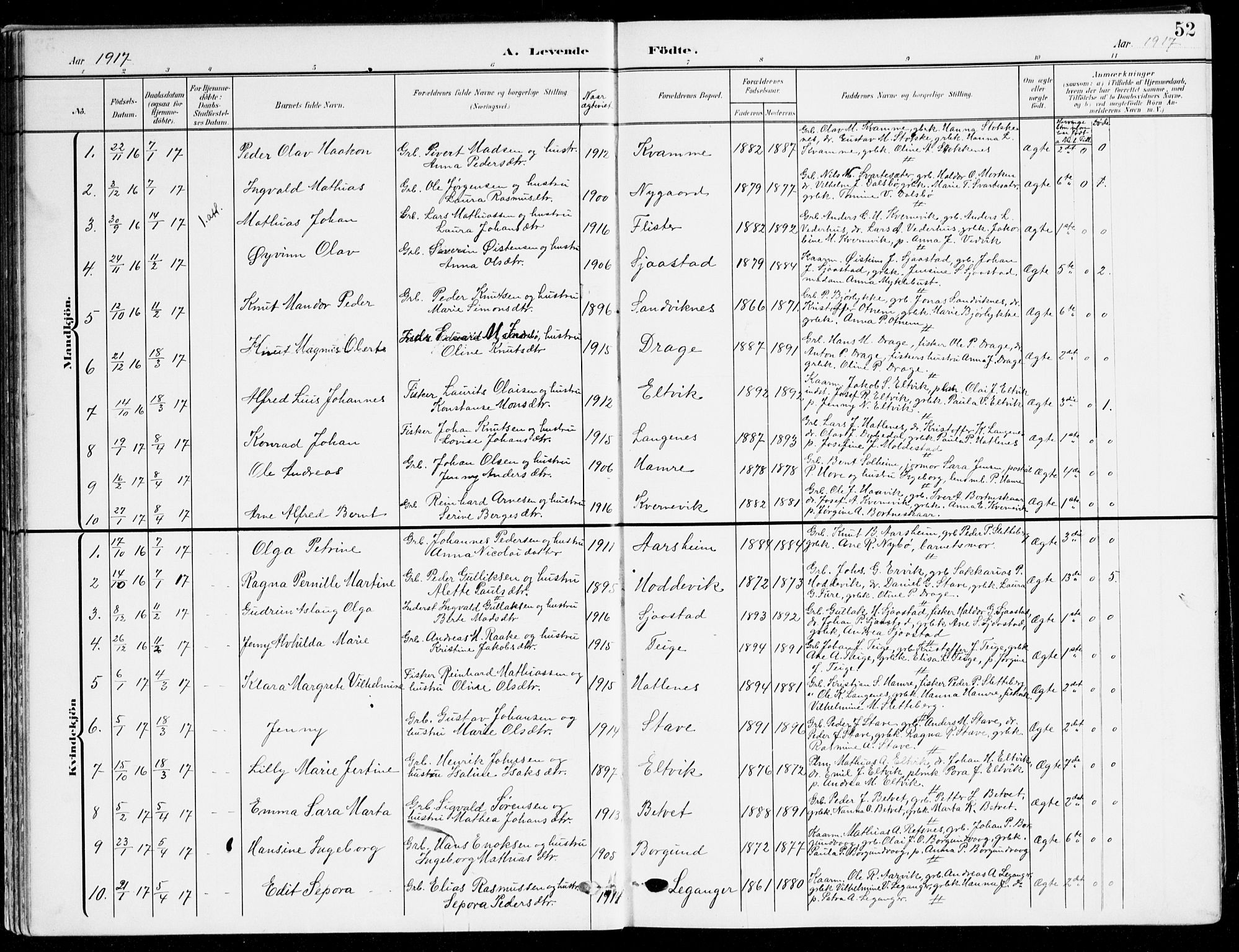 Selje sokneprestembete, SAB/A-99938/H/Ha/Haa/Haab: Parish register (official) no. B 3, 1908-1923, p. 52
