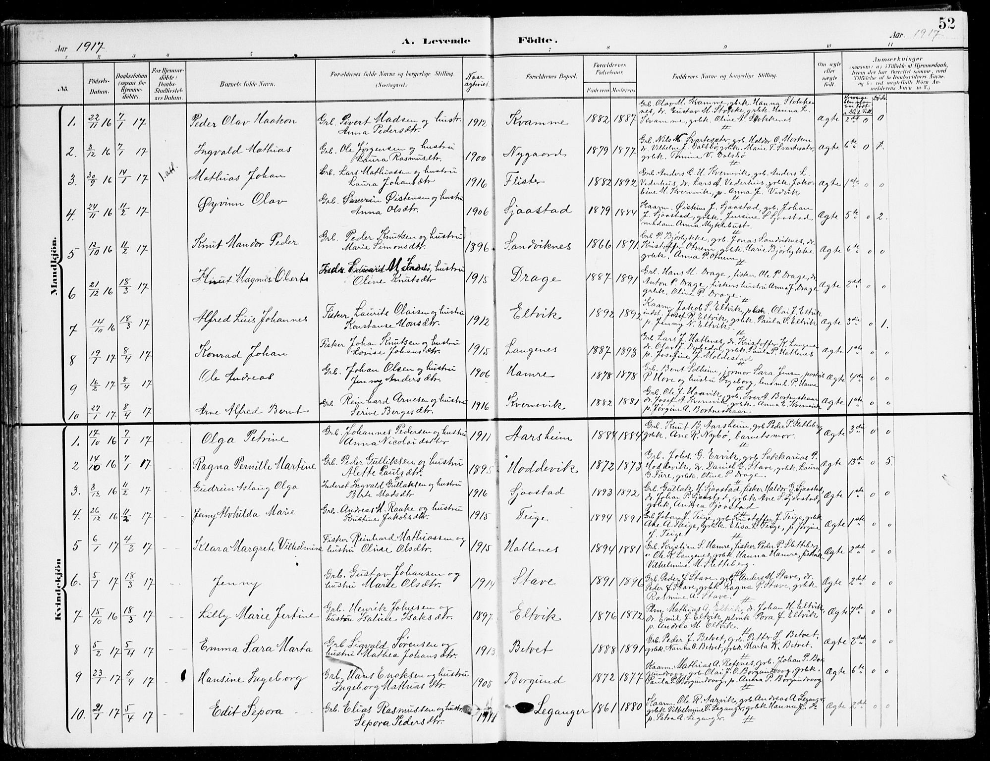 Selje sokneprestembete, AV/SAB-A-99938/H/Ha/Haa/Haab: Parish register (official) no. B 3, 1908-1923, p. 52