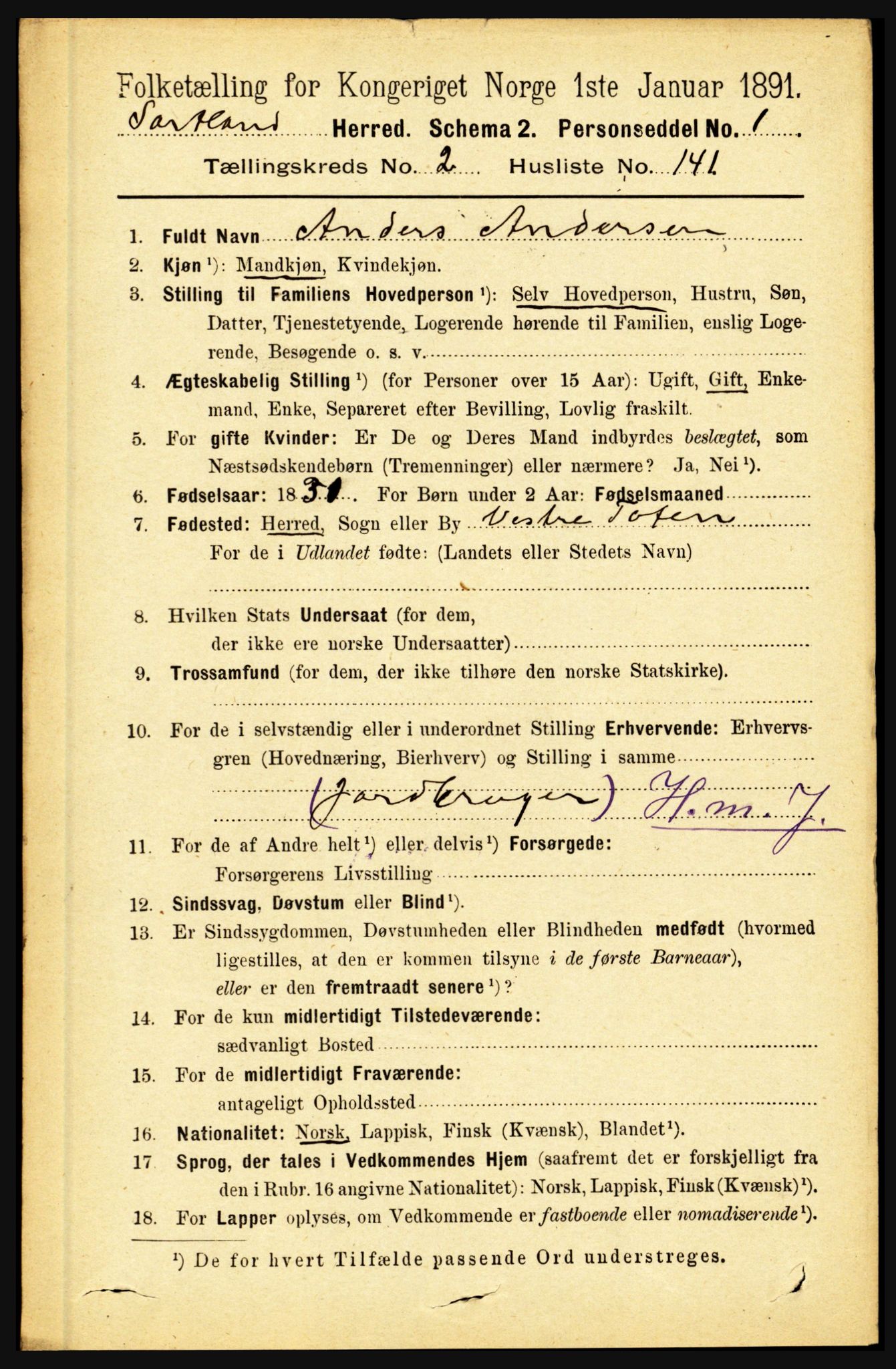 RA, 1891 census for 1870 Sortland, 1891, p. 2068