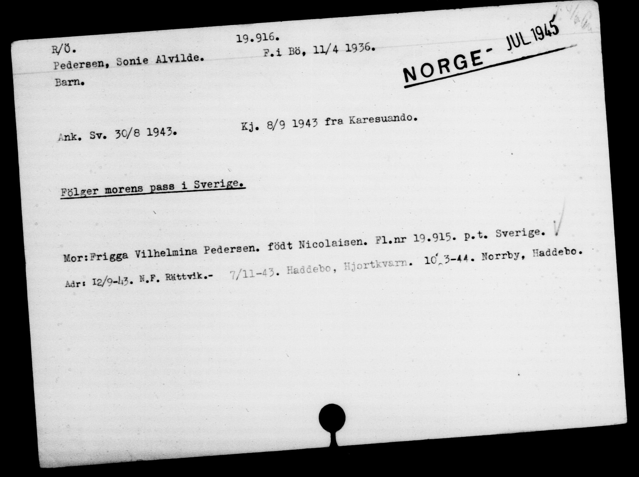 Utenriksstasjonene, Legasjonen i Stockholm, Flyktningkontoret, AV/RA-S-6753/V/Va/L0009: Kjesäterkartoteket, flyktninger med registreringsnr. 18502-22048, 1940-1945, p. 1575