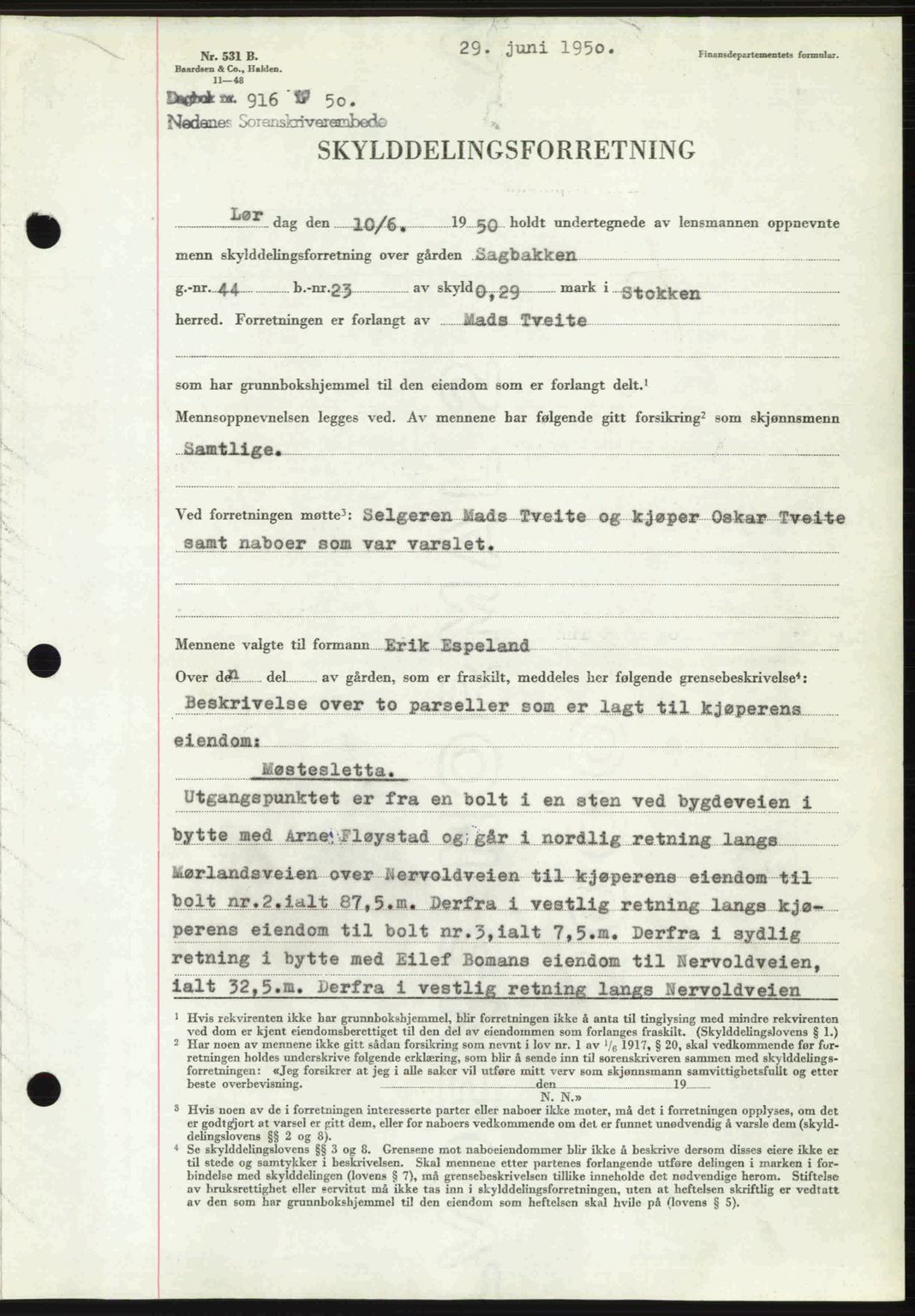 Nedenes sorenskriveri, SAK/1221-0006/G/Gb/Gba/L0062: Mortgage book no. A14, 1949-1950, Diary no: : 916/1950