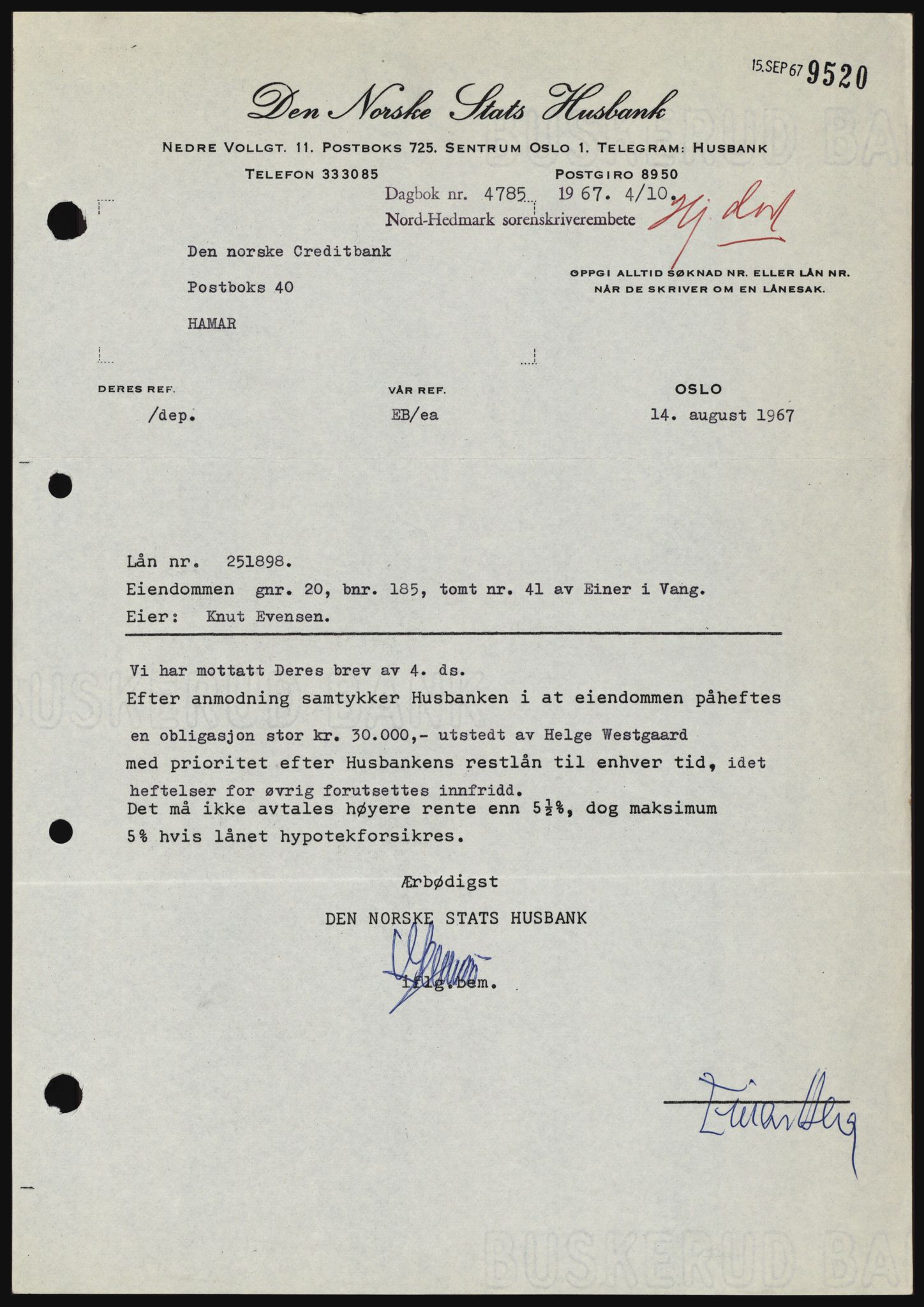 Nord-Hedmark sorenskriveri, SAH/TING-012/H/Hc/L0026: Mortgage book no. 26, 1967-1967, Diary no: : 4785/1967