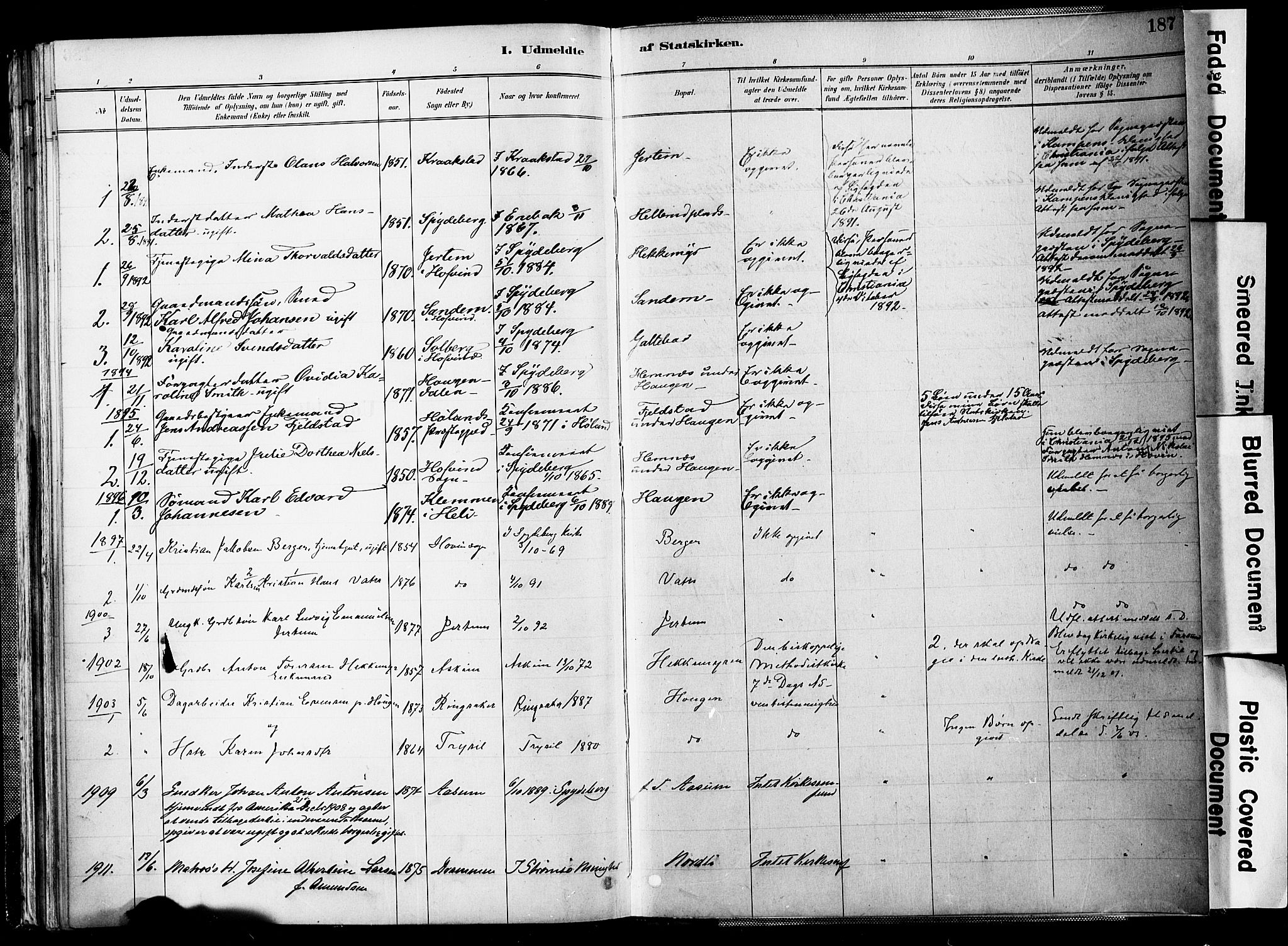 Spydeberg prestekontor Kirkebøker, SAO/A-10924/F/Fb/L0001: Parish register (official) no. II 1, 1886-1907, p. 187