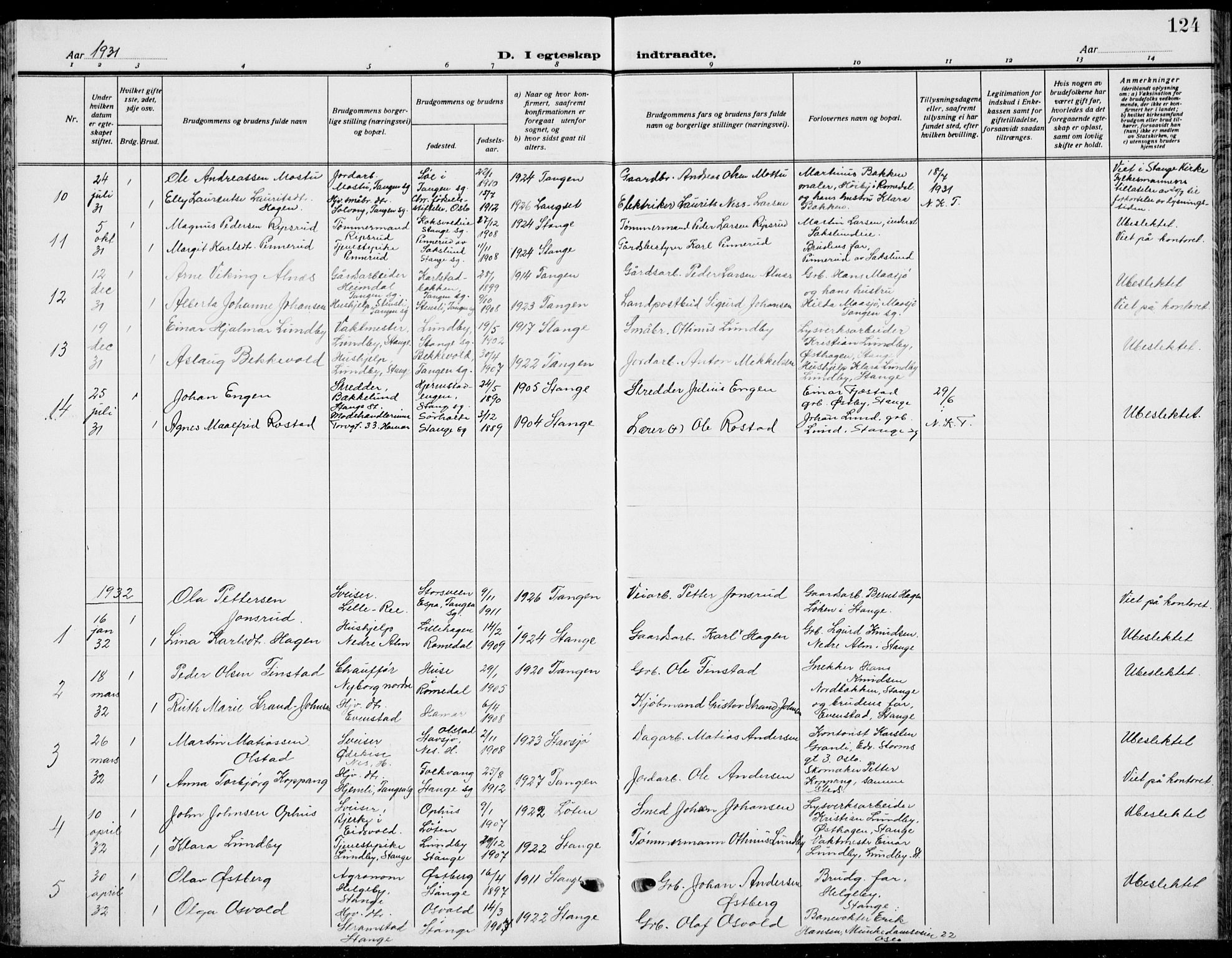 Stange prestekontor, AV/SAH-PREST-002/L/L0018: Parish register (copy) no. 18, 1929-1937, p. 124