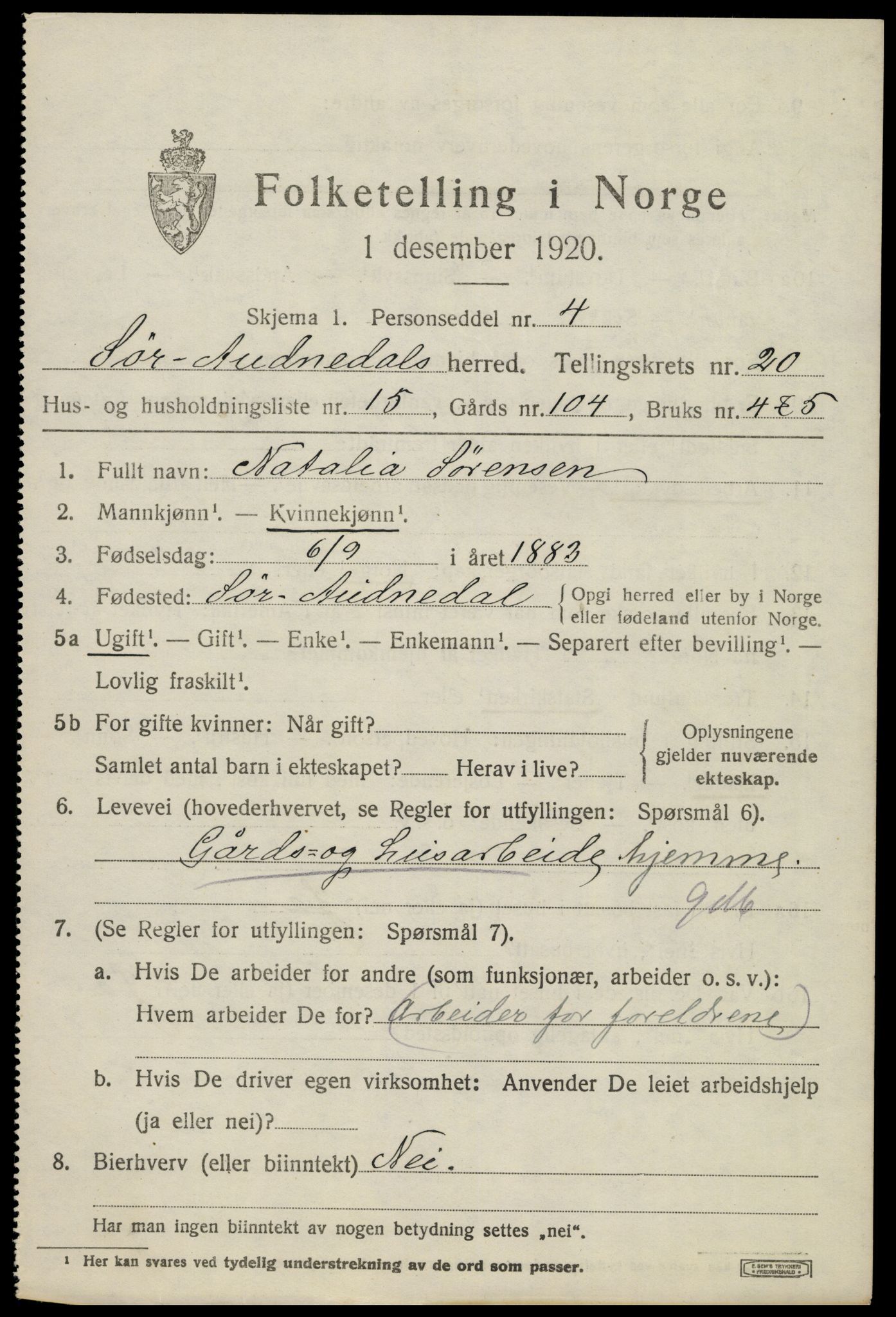 SAK, 1920 census for Sør-Audnedal, 1920, p. 6843