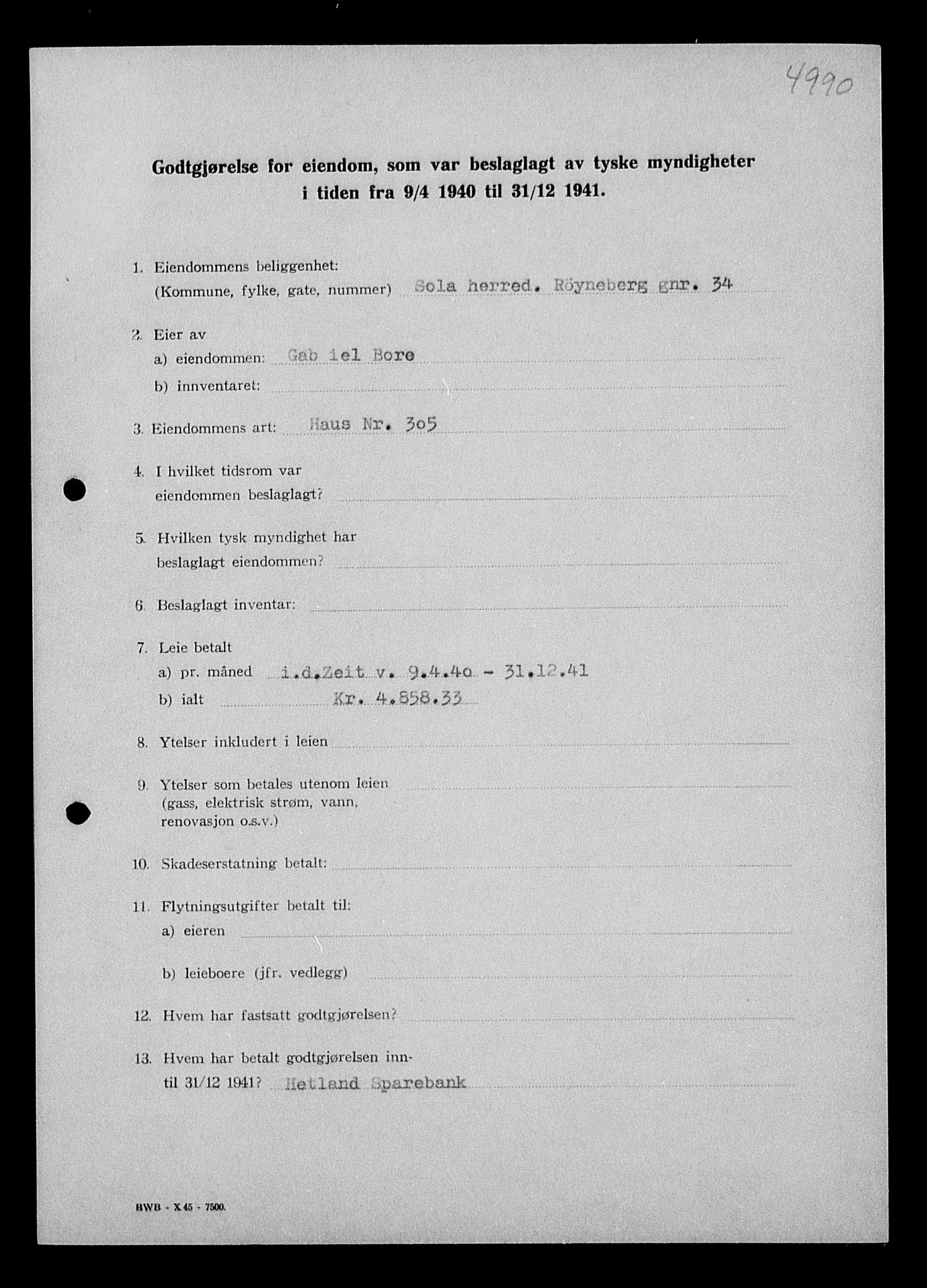 Justisdepartementet, Tilbakeføringskontoret for inndratte formuer, AV/RA-S-1564/I/L1014: Godtgjørelse for beslaglagt eiendom, 1940-1941, p. 191