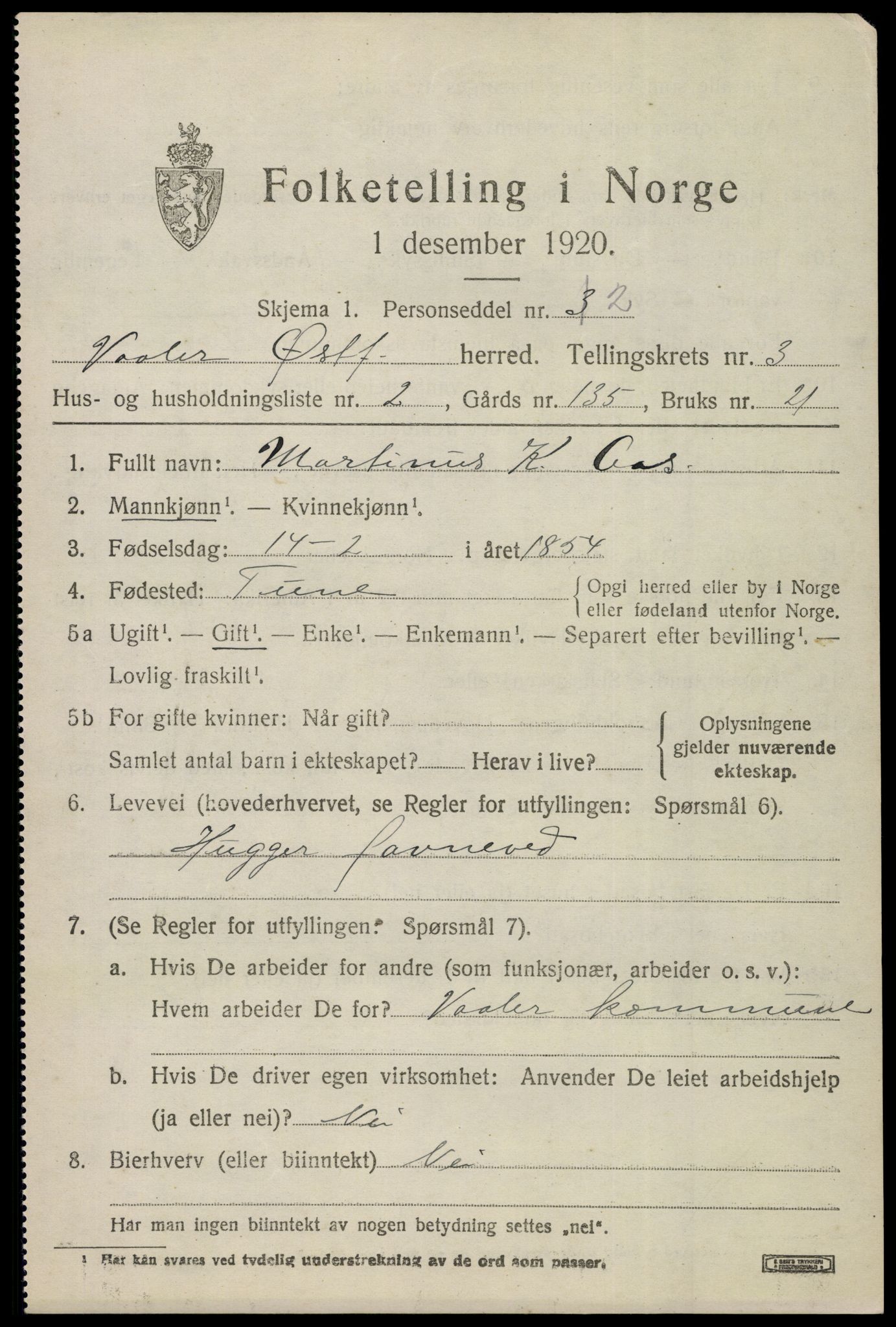 SAO, 1920 census for Våler, 1920, p. 2058