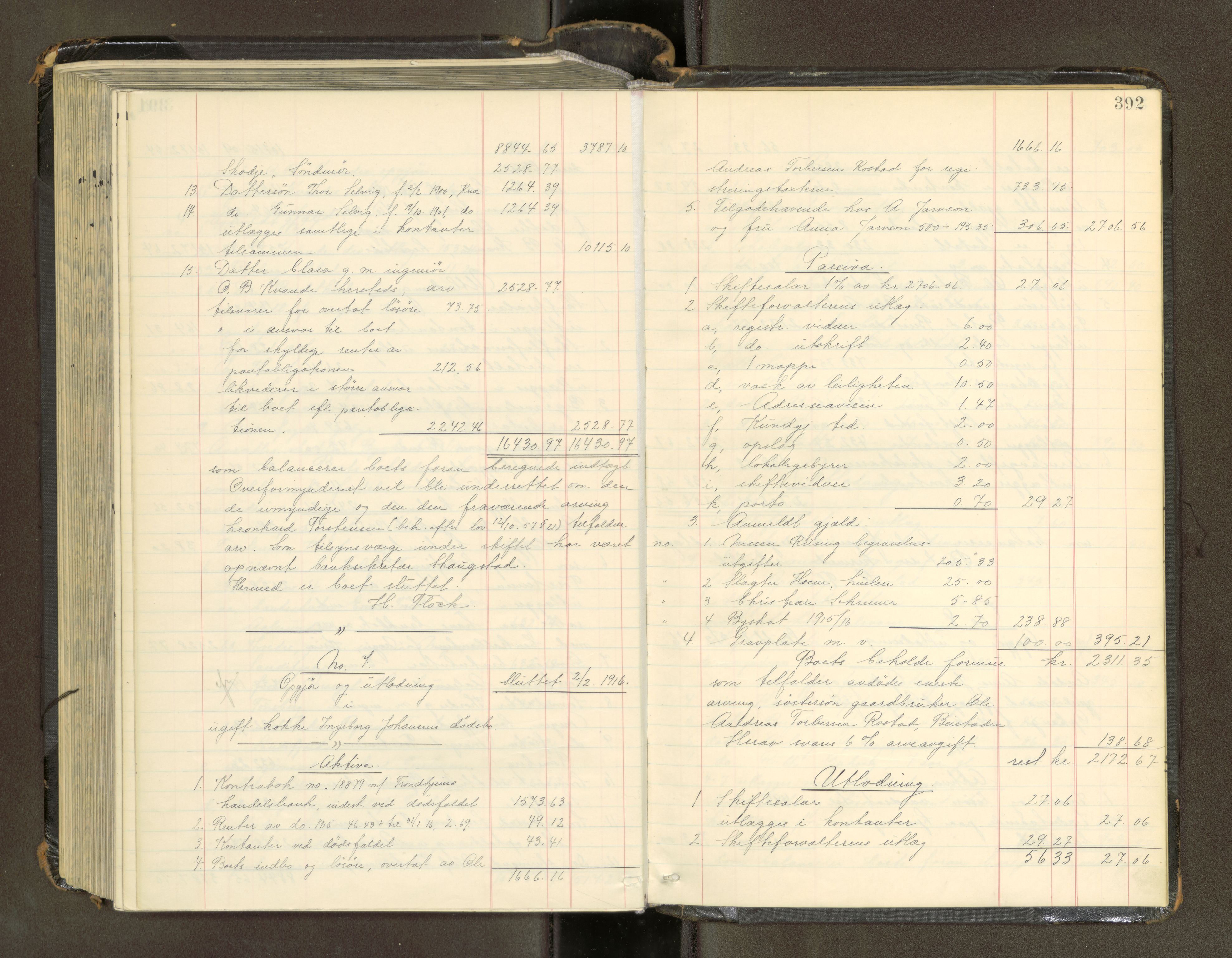 Trondheim byfogd, AV/SAT-A-0003/1/3/3A/L0041: Skifteutlodningsprotokoll - 1710-5/2. (m/ register), 1913-1916, p. 392