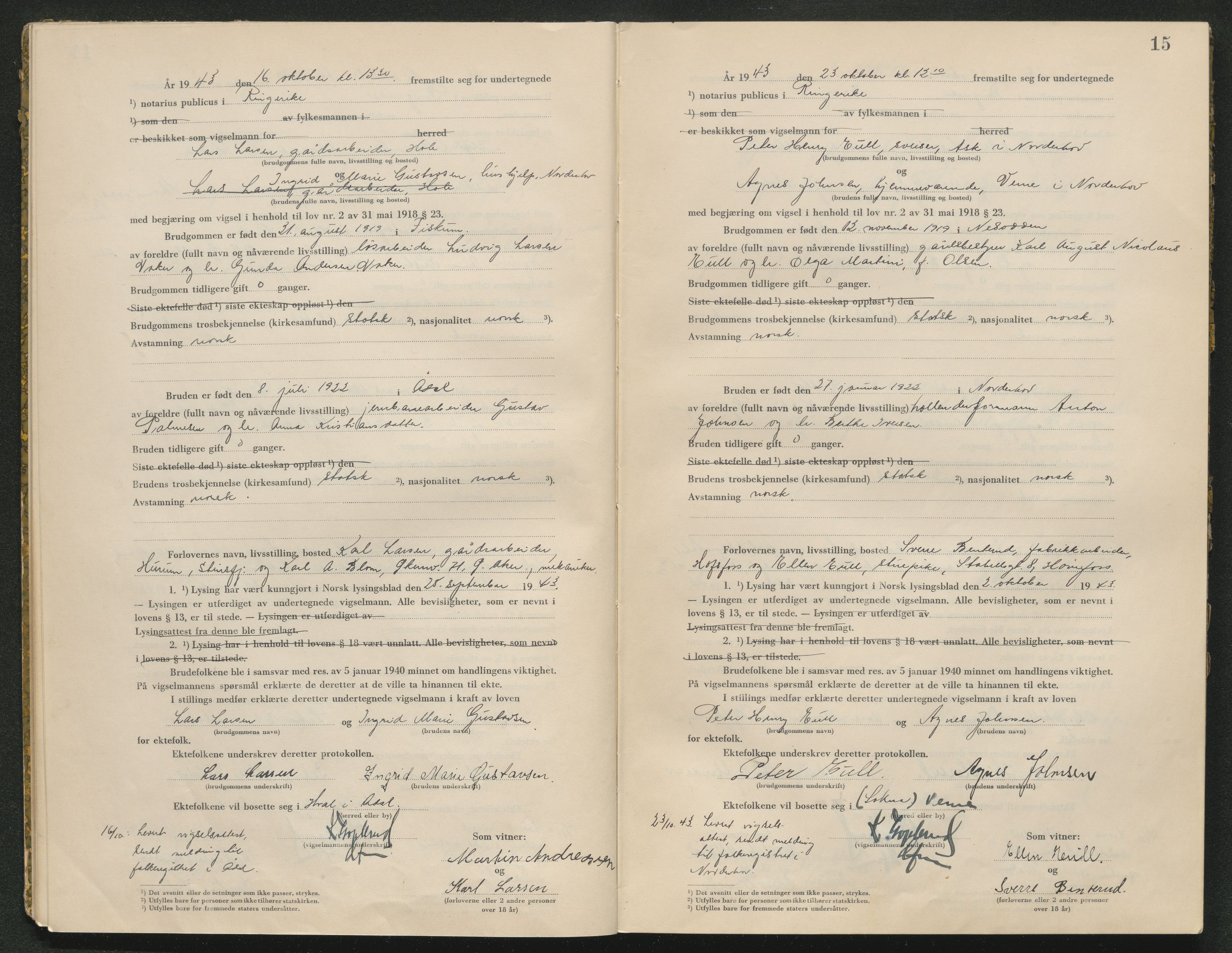 Ringerike sorenskriveri, AV/SAKO-A-105/L/Lc/L0003: Vigselsbok, 1943-1944, p. 15