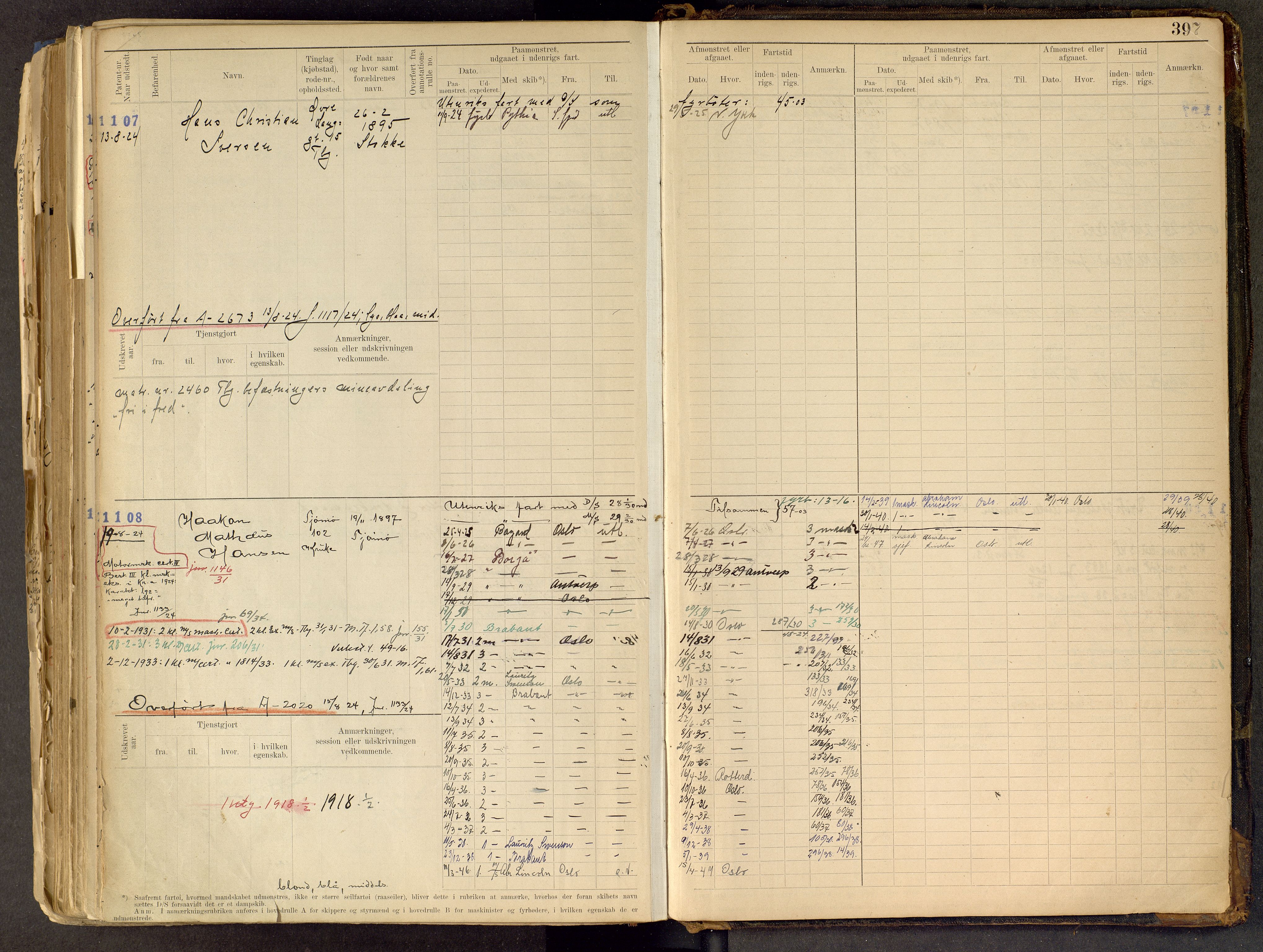 Tønsberg innrulleringskontor, AV/SAKO-A-786/F/Fe/L0002: Maskinist- og fyrbøterrulle Patent nr. 315-1110, 1902-1924, p. 397