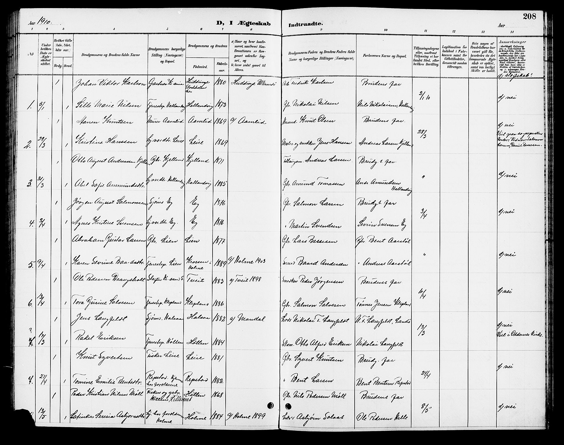 Søgne sokneprestkontor, SAK/1111-0037/F/Fb/Fbb/L0006: Parish register (copy) no. B 6, 1892-1911, p. 208