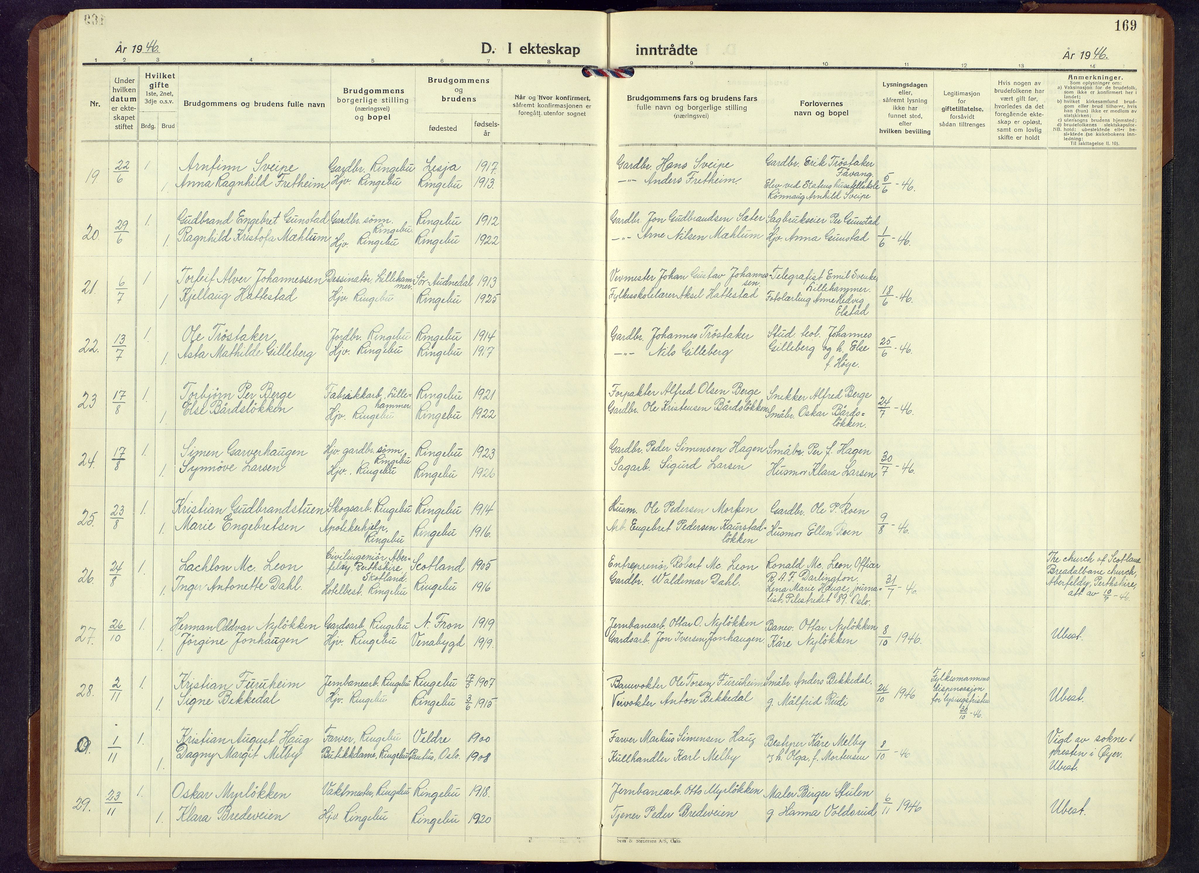 Ringebu prestekontor, SAH/PREST-082/H/Ha/Hab/L0013: Parish register (copy) no. 13, 1943-1956, p. 169