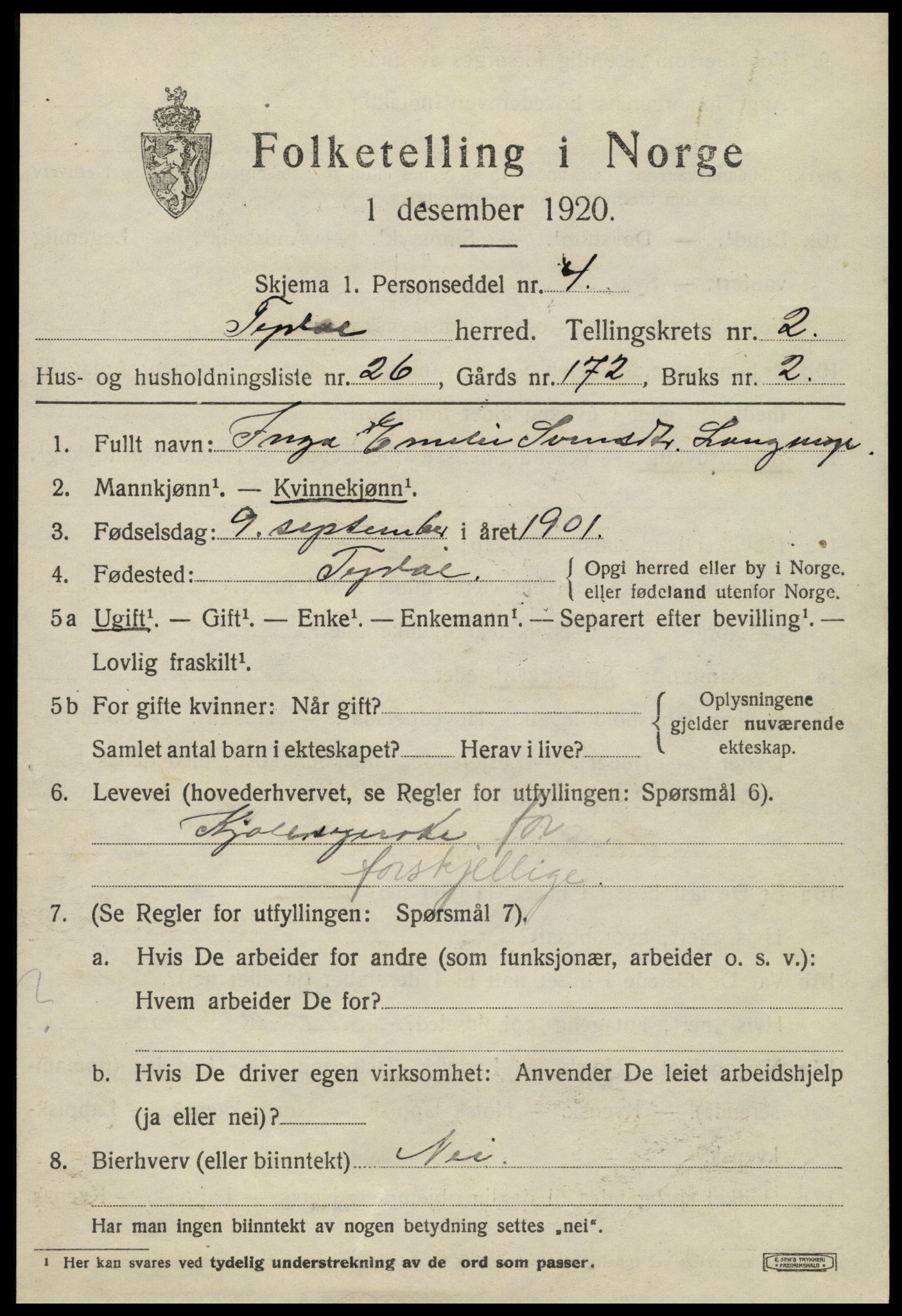 SAT, 1920 census for Tydal, 1920, p. 875