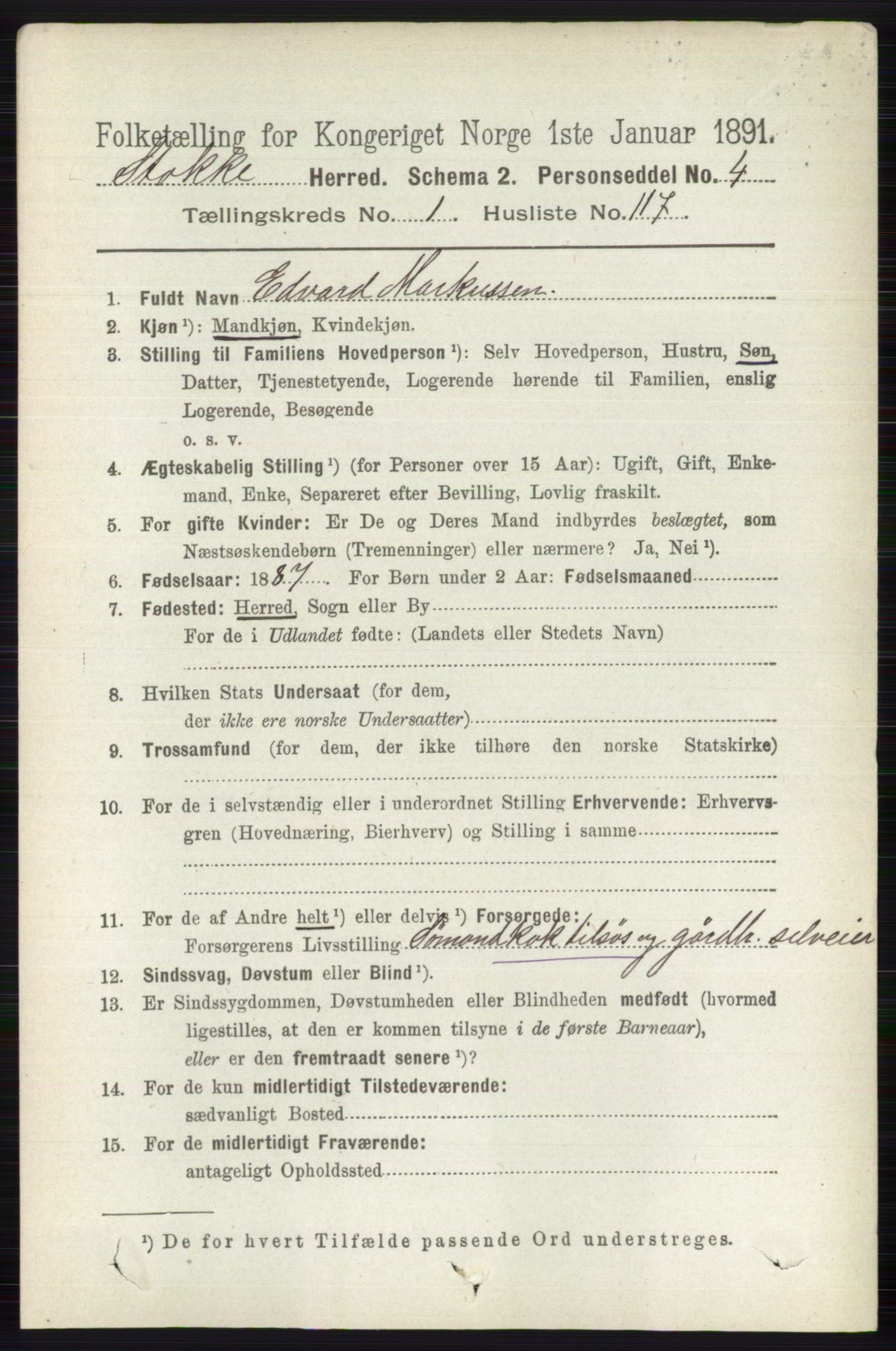 RA, 1891 census for 0720 Stokke, 1891, p. 857