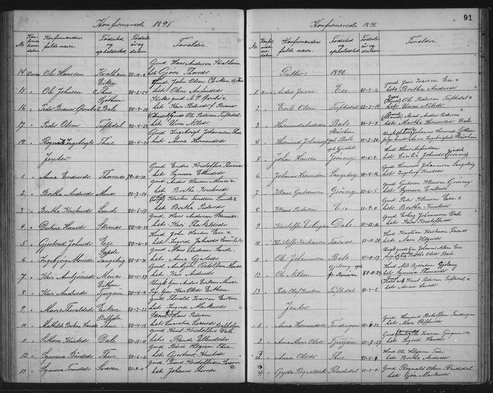 Balestrand sokneprestembete, AV/SAB-A-79601/H/Hab/Haba/L0002: Parish register (copy) no. A 2, 1880-1919, p. 91