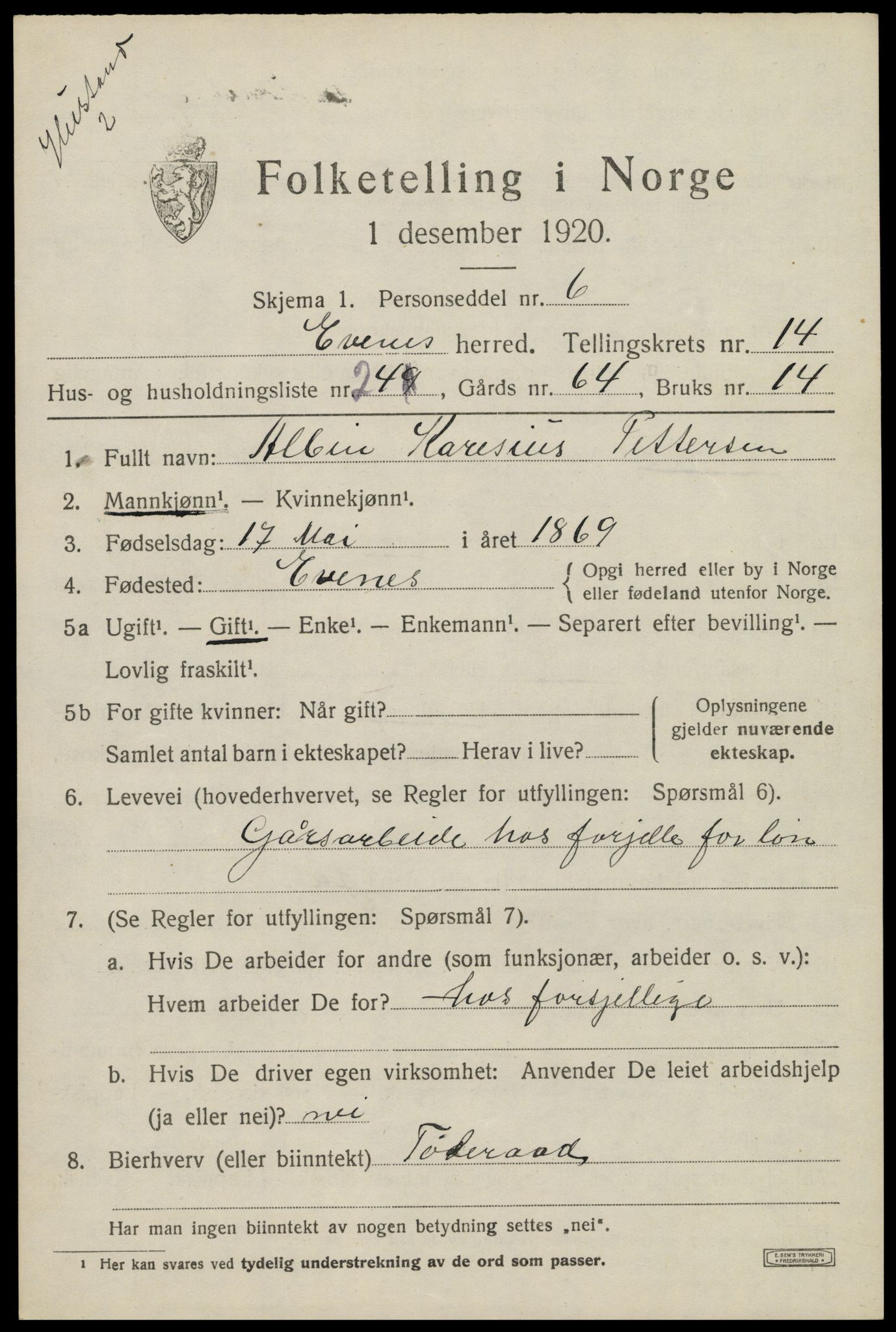 SAT, 1920 census for Evenes, 1920, p. 12484