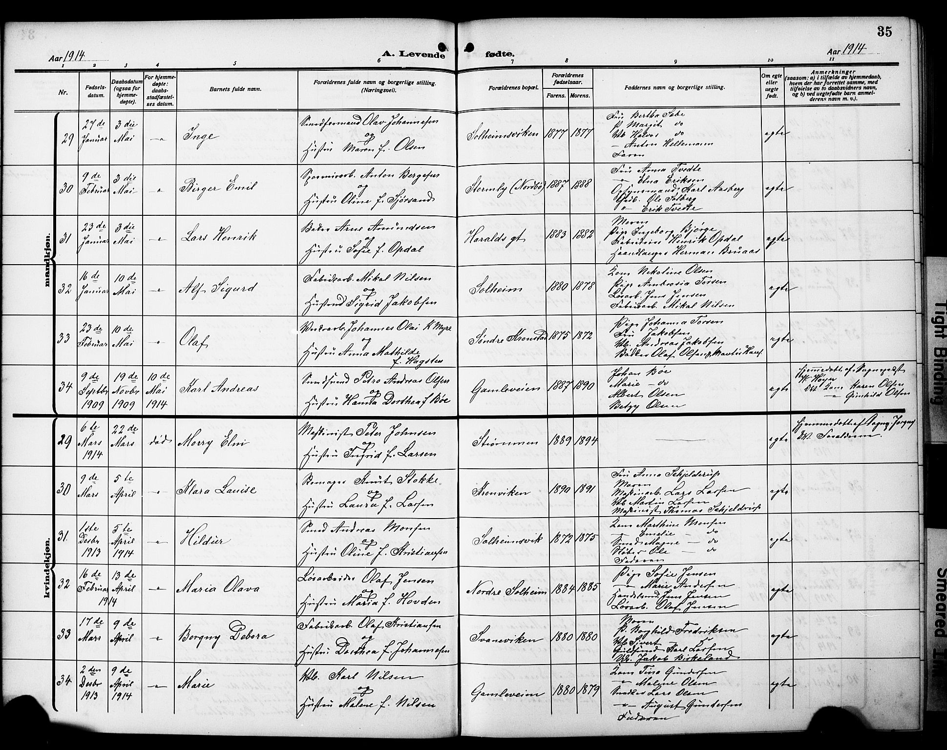 Årstad Sokneprestembete, AV/SAB-A-79301/H/Hab/L0003: Parish register (copy) no. A 3, 1912-1921, p. 35