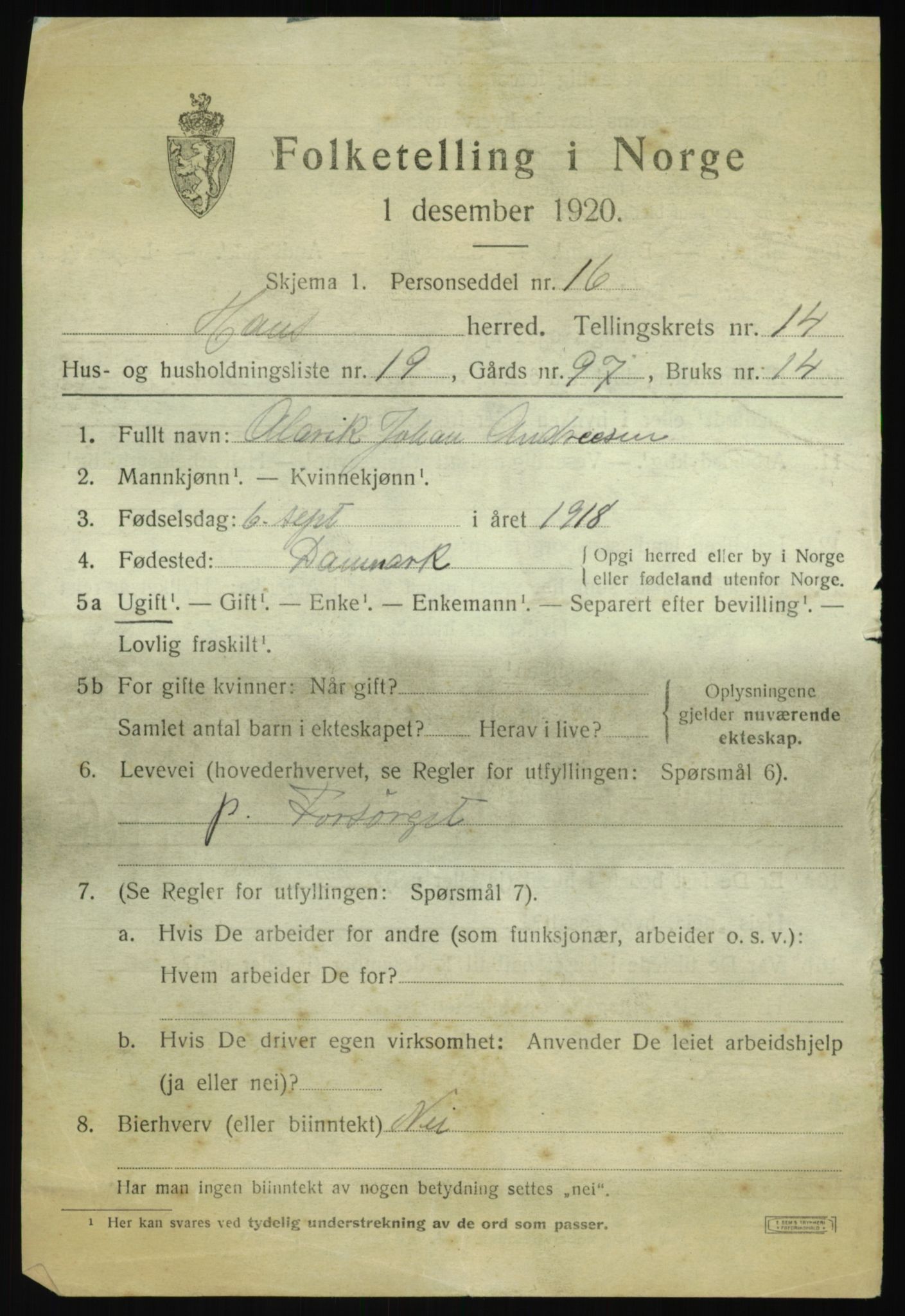 SAB, 1920 census for Haus, 1920, p. 9188