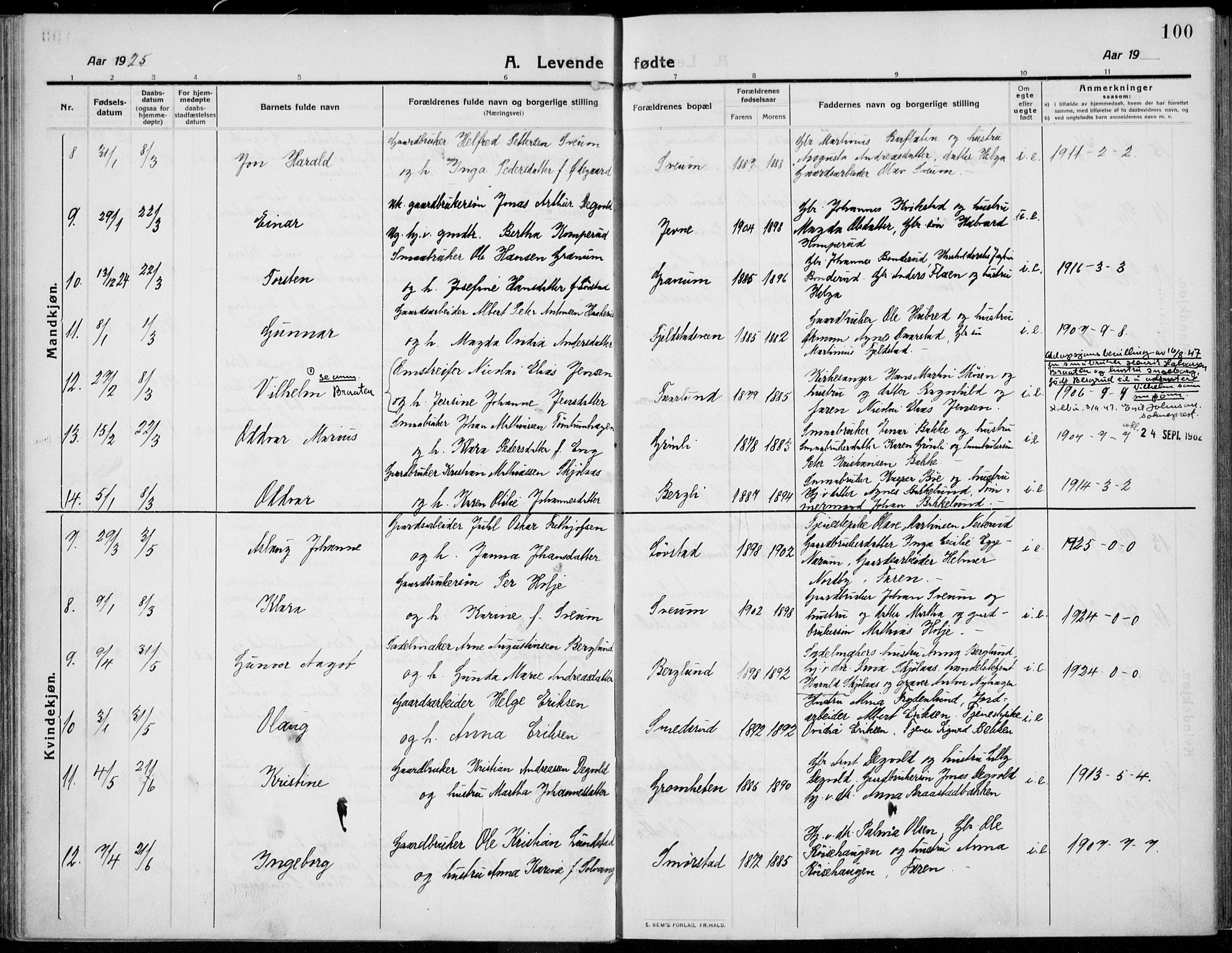 Kolbu prestekontor, SAH/PREST-110/H/Ha/Haa/L0002: Parish register (official) no. 2, 1912-1926, p. 100