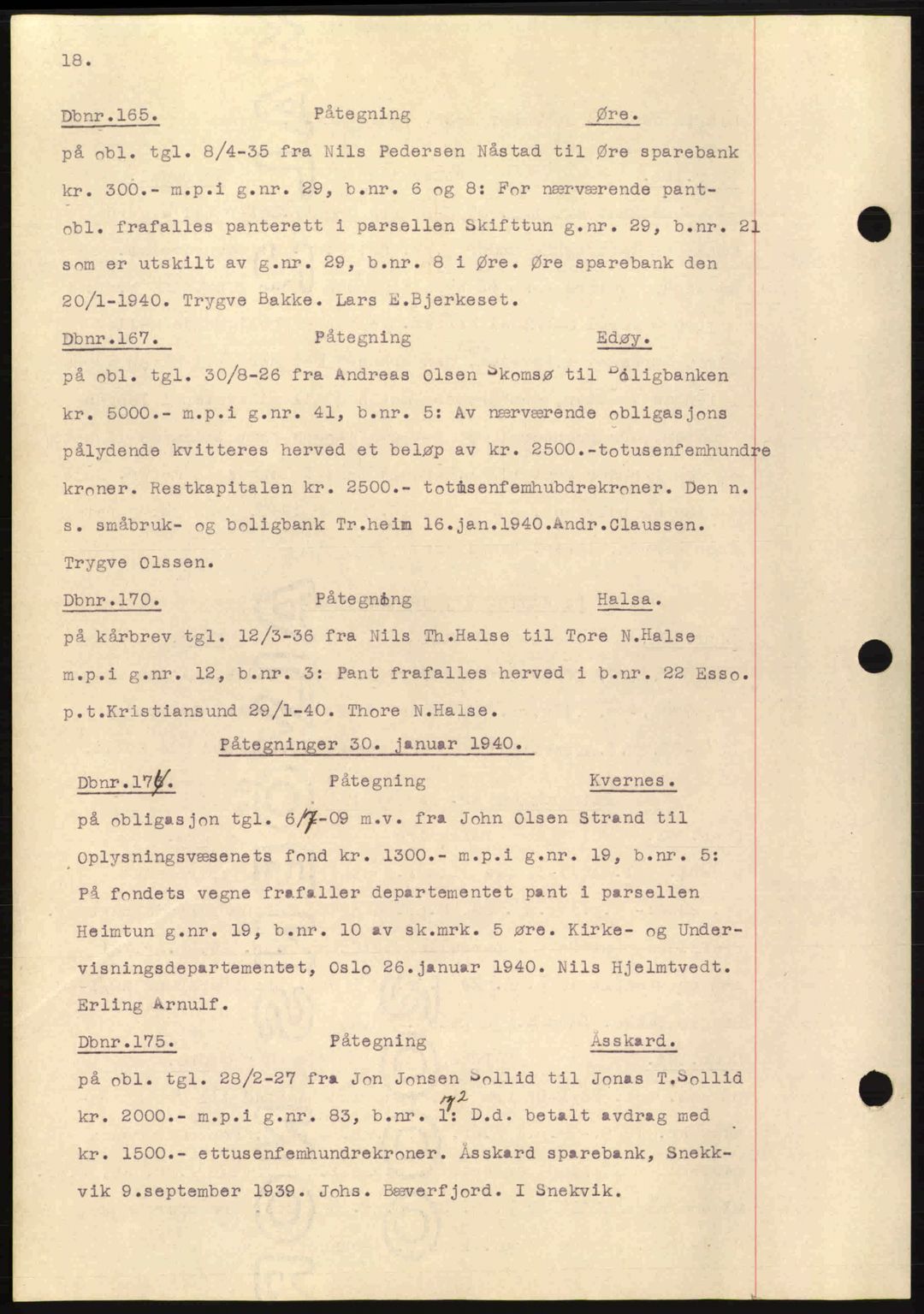 Nordmøre sorenskriveri, AV/SAT-A-4132/1/2/2Ca: Mortgage book no. C81, 1940-1945, Diary no: : 165/1940