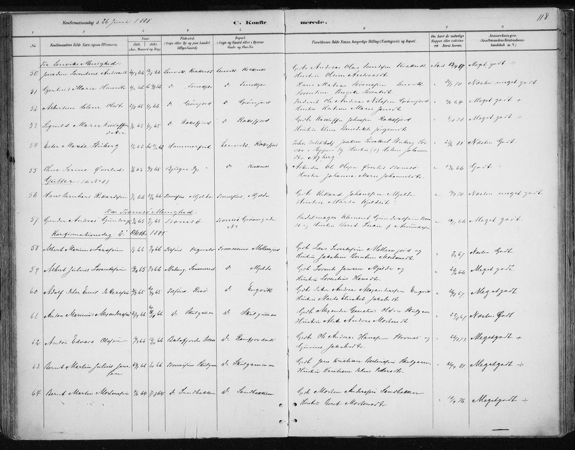 Tromsøysund sokneprestkontor, AV/SATØ-S-1304/G/Ga/L0004kirke: Parish register (official) no. 4, 1880-1888, p. 118