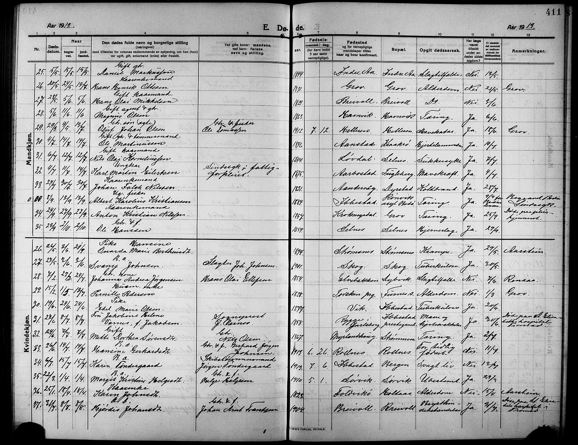 Ibestad sokneprestembete, AV/SATØ-S-0077/H/Ha/Hab/L0009klokker: Parish register (copy) no. 9, 1902-1914, p. 411