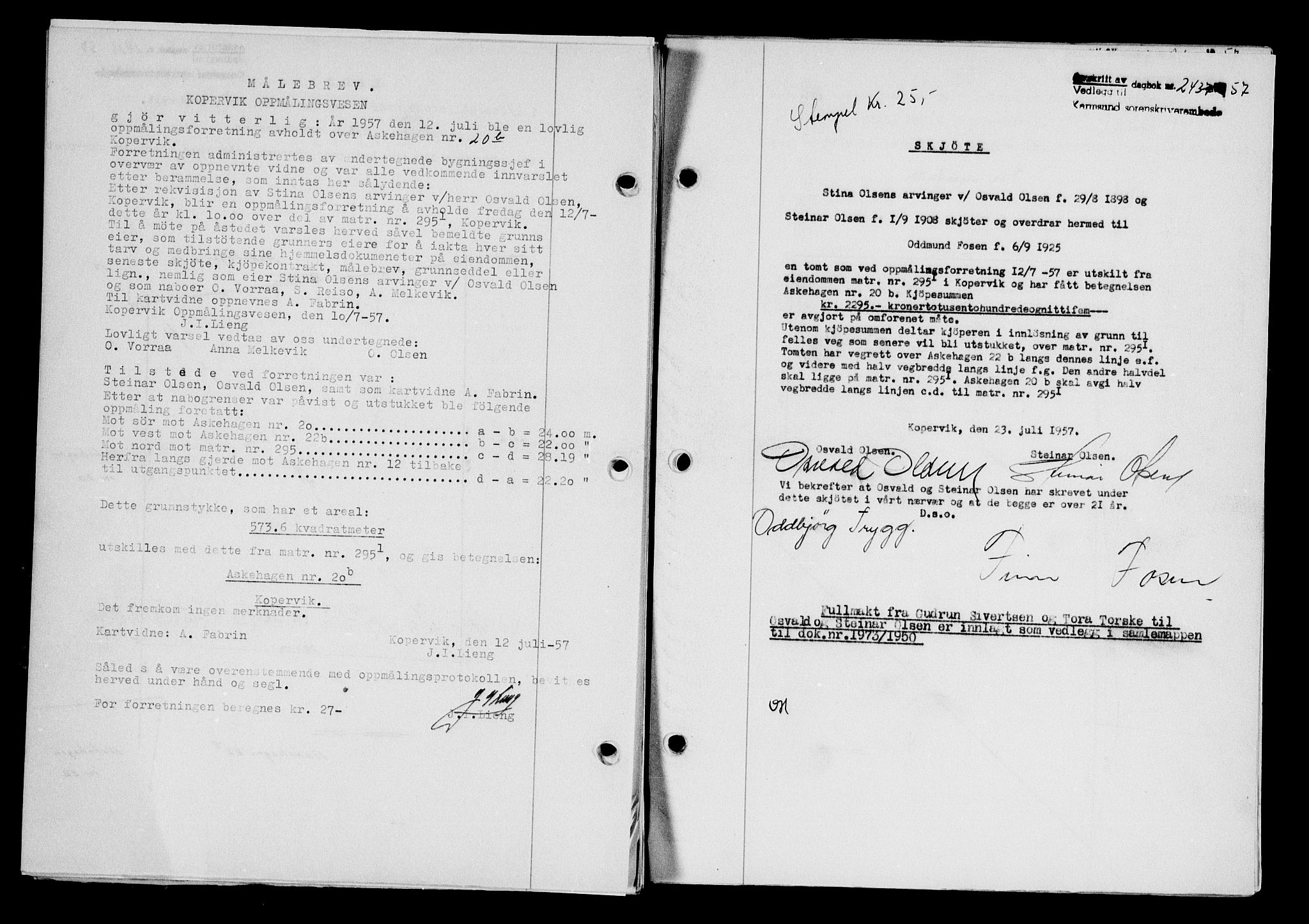 Karmsund sorenskriveri, AV/SAST-A-100311/01/II/IIB/L0125: Mortgage book no. 105A, 1957-1957, Diary no: : 2437/1957