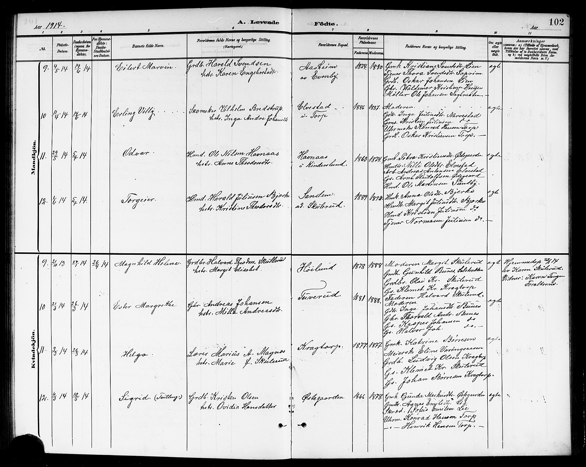 Høland prestekontor Kirkebøker, AV/SAO-A-10346a/G/Gb/L0001: Parish register (copy) no. II 1, 1902-1919, p. 102