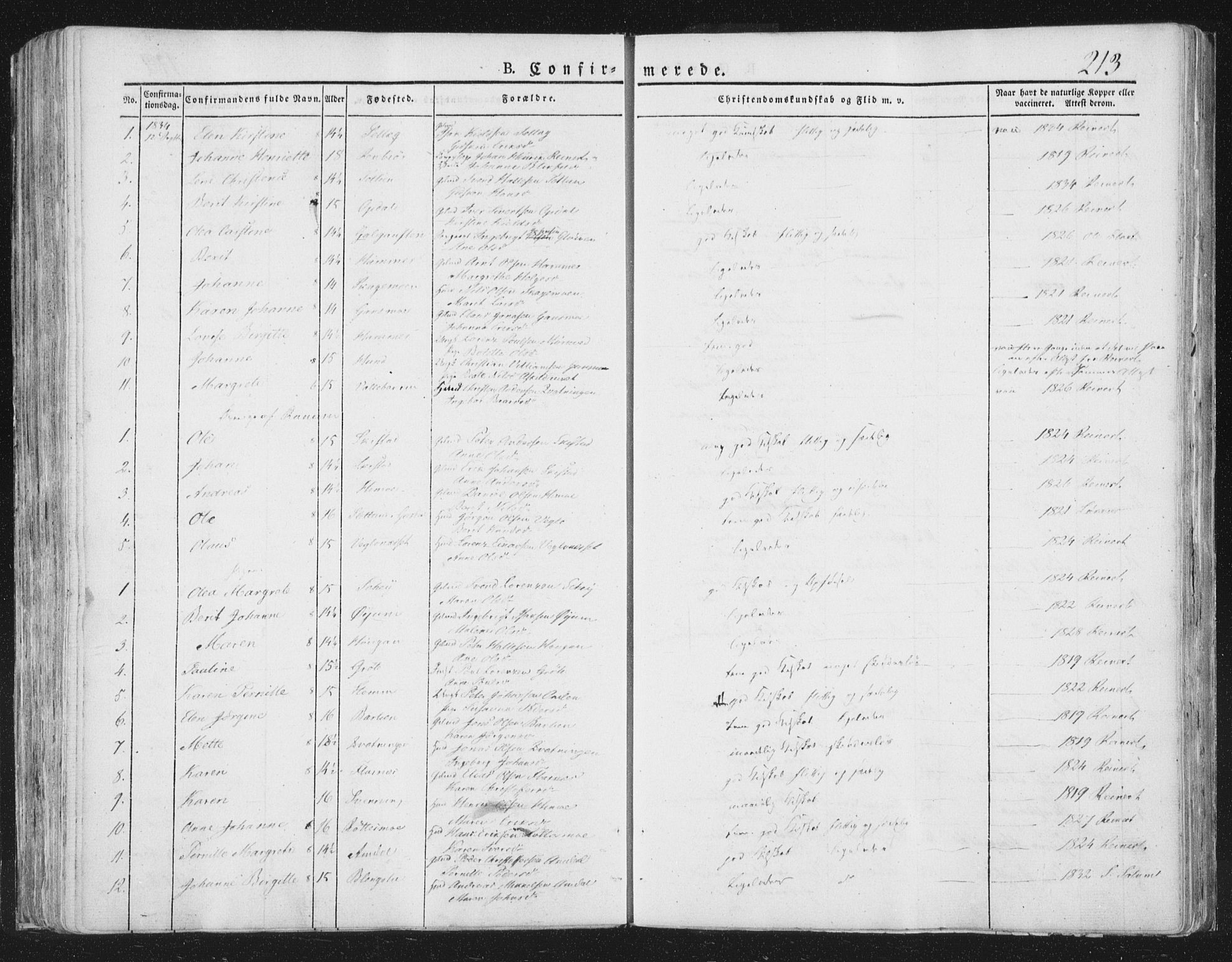 Ministerialprotokoller, klokkerbøker og fødselsregistre - Nord-Trøndelag, SAT/A-1458/764/L0551: Parish register (official) no. 764A07a, 1824-1864, p. 213