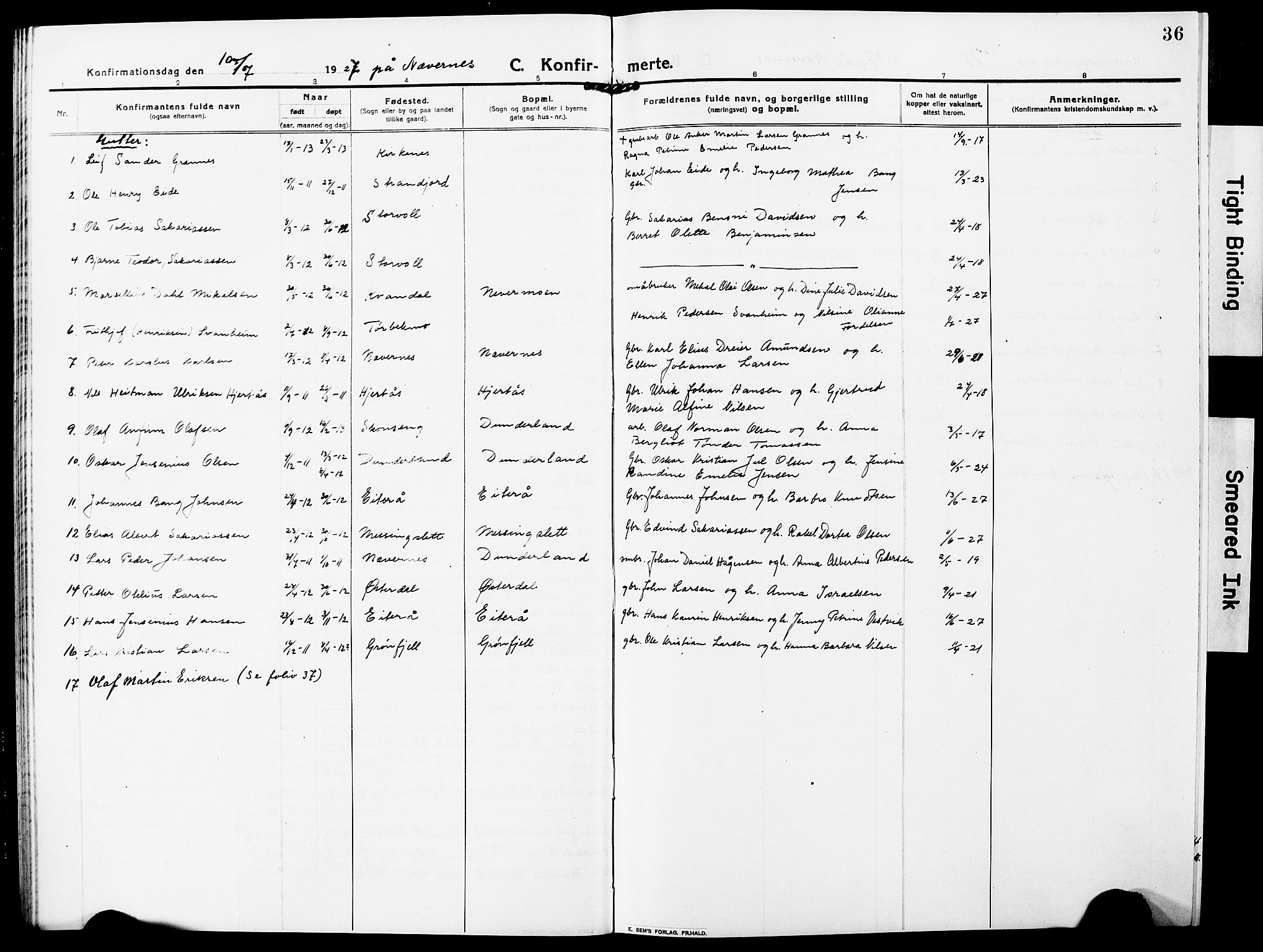Ministerialprotokoller, klokkerbøker og fødselsregistre - Nordland, SAT/A-1459/827/L0424: Parish register (copy) no. 827C13, 1921-1930, p. 36