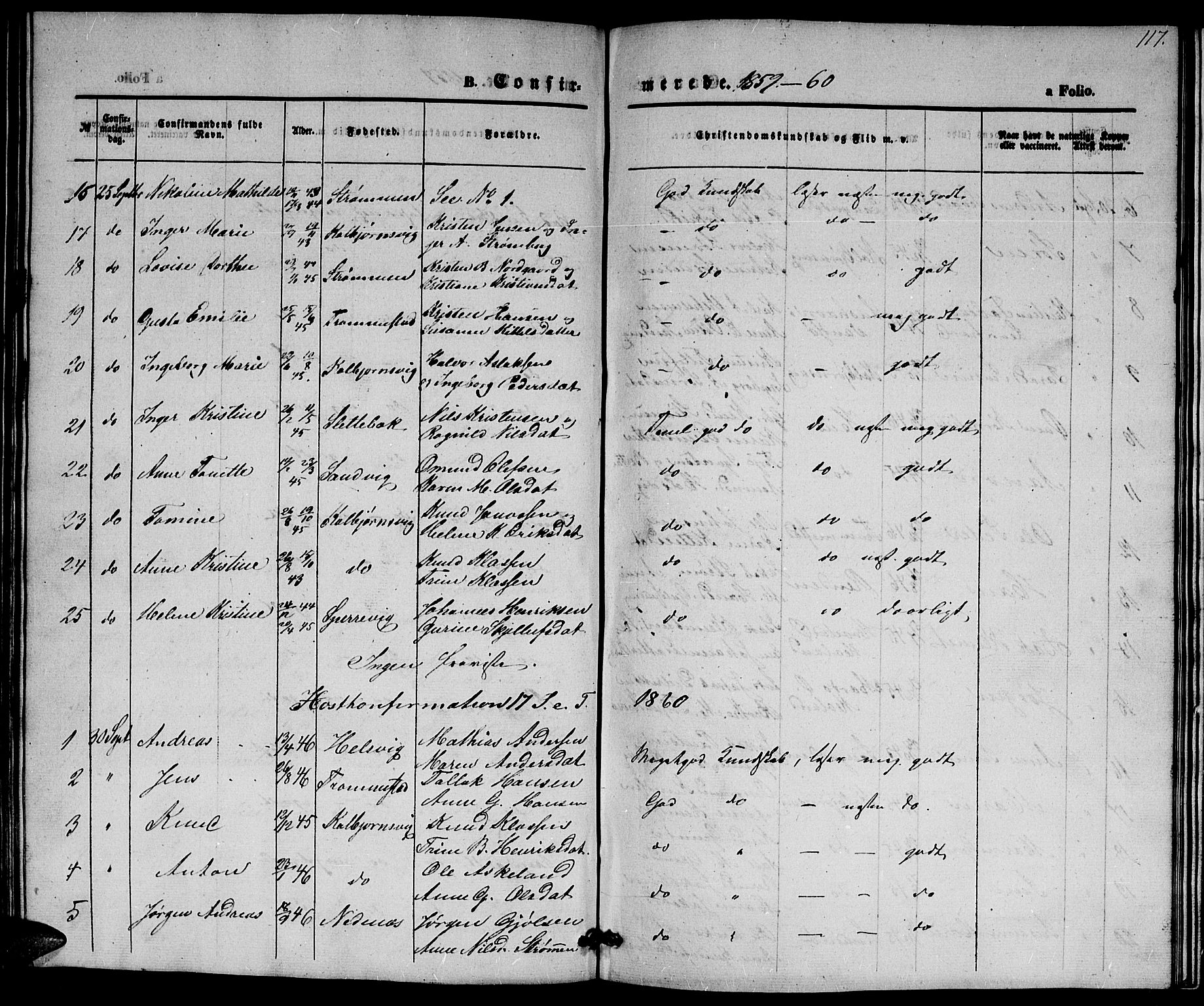 Hisøy sokneprestkontor, SAK/1111-0020/F/Fb/L0001: Parish register (copy) no. B 1, 1849-1872, p. 117