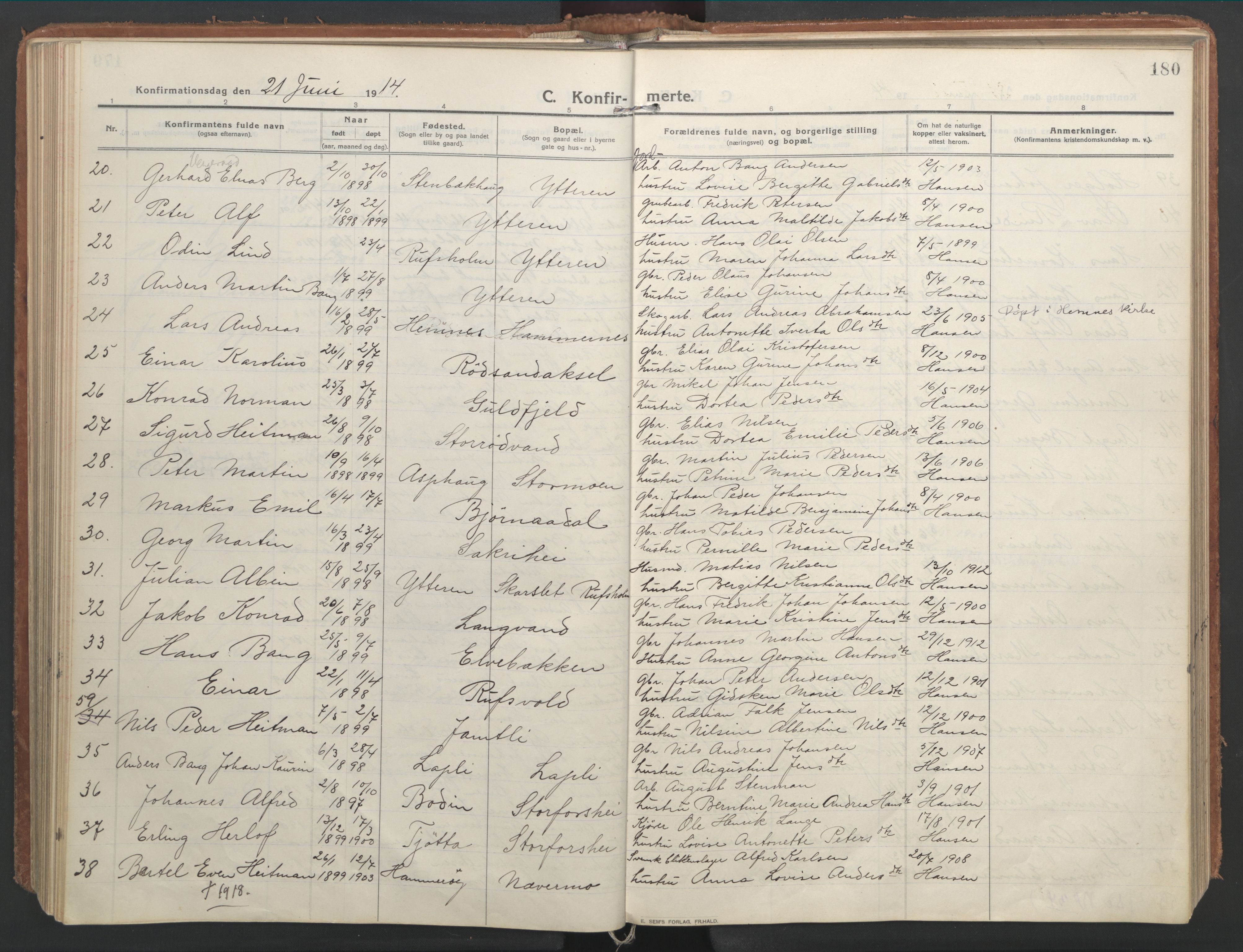 Ministerialprotokoller, klokkerbøker og fødselsregistre - Nordland, AV/SAT-A-1459/827/L0404: Parish register (official) no. 827A16, 1912-1925, p. 180