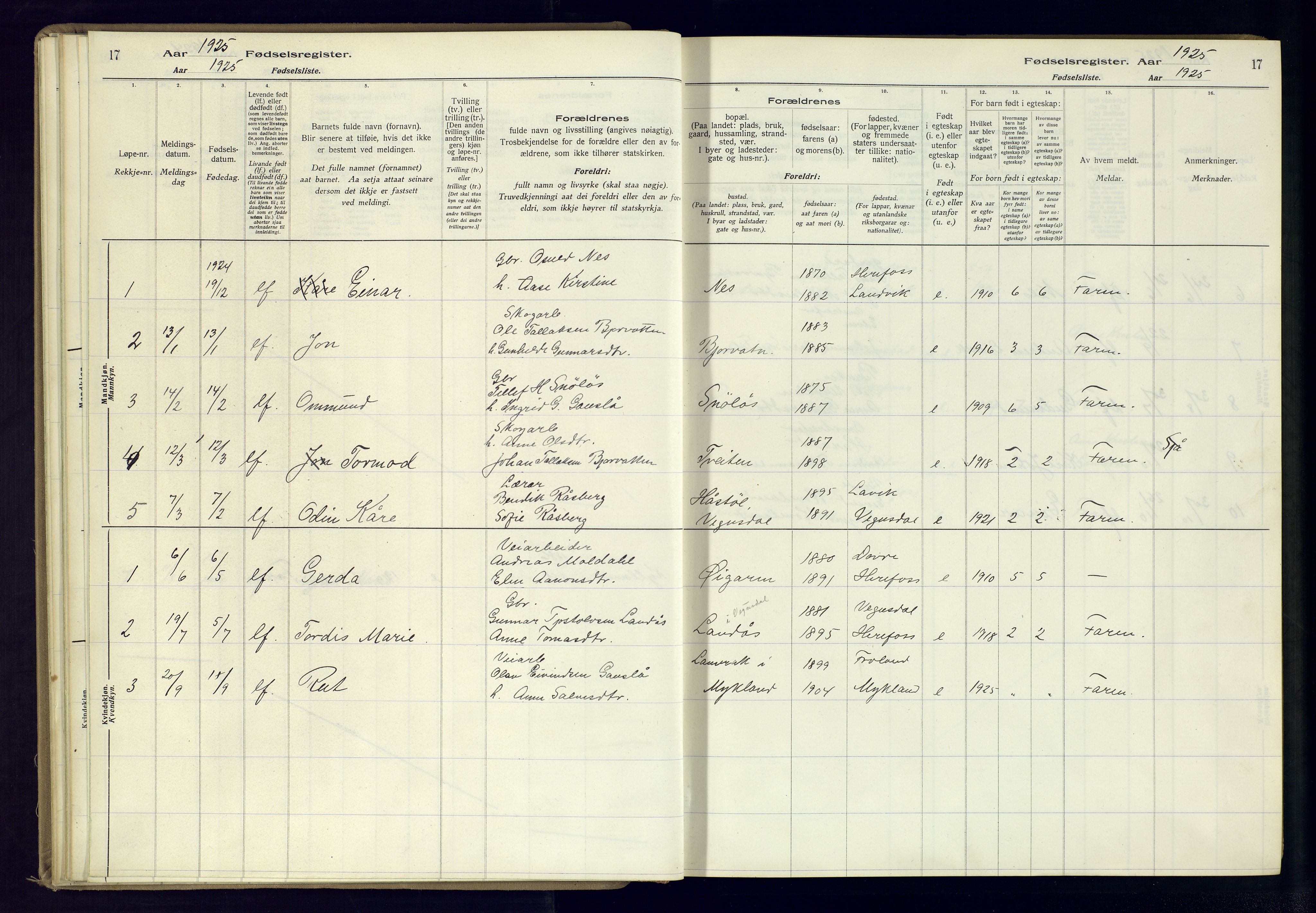 Herefoss sokneprestkontor, AV/SAK-1111-0019/J/Ja/L0001: Birth register no. II.6.10, 1916-1982, p. 17