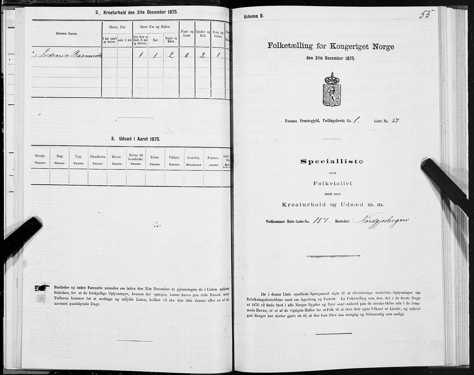 SAT, 1875 census for 1748P Fosnes, 1875, p. 1055