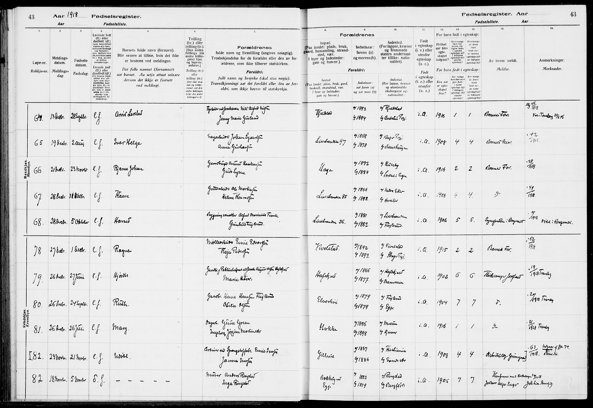 Lier kirkebøker, AV/SAKO-A-230/J/Ja/L0001: Birth register no. 1, 1916-1928, p. 43