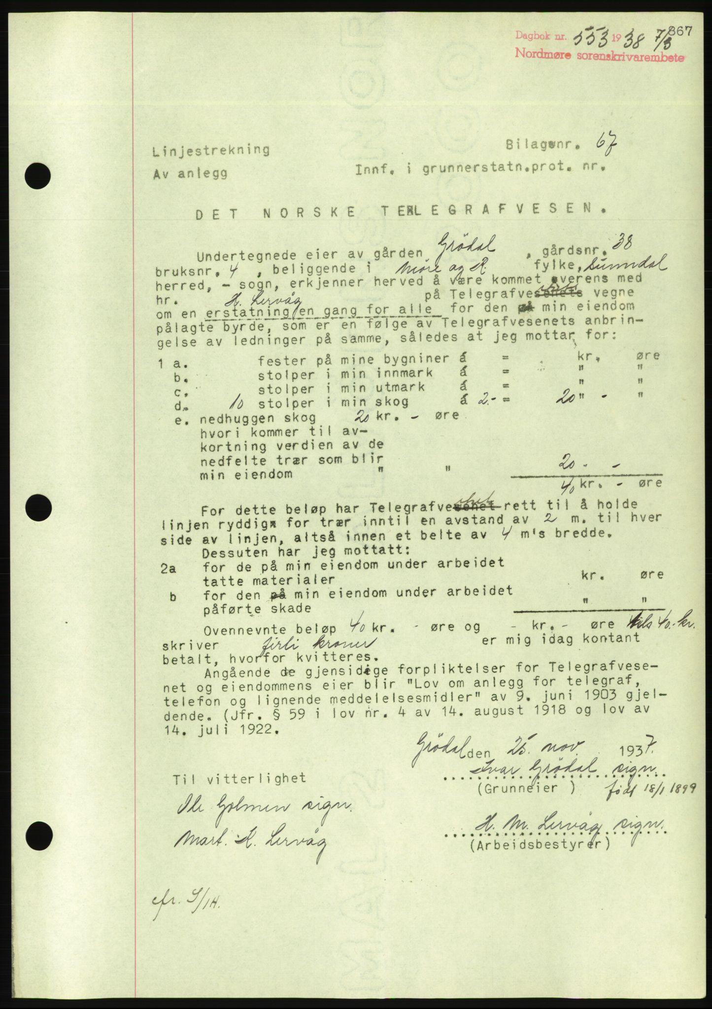 Nordmøre sorenskriveri, AV/SAT-A-4132/1/2/2Ca/L0092: Mortgage book no. B82, 1937-1938, Diary no: : 553/1938